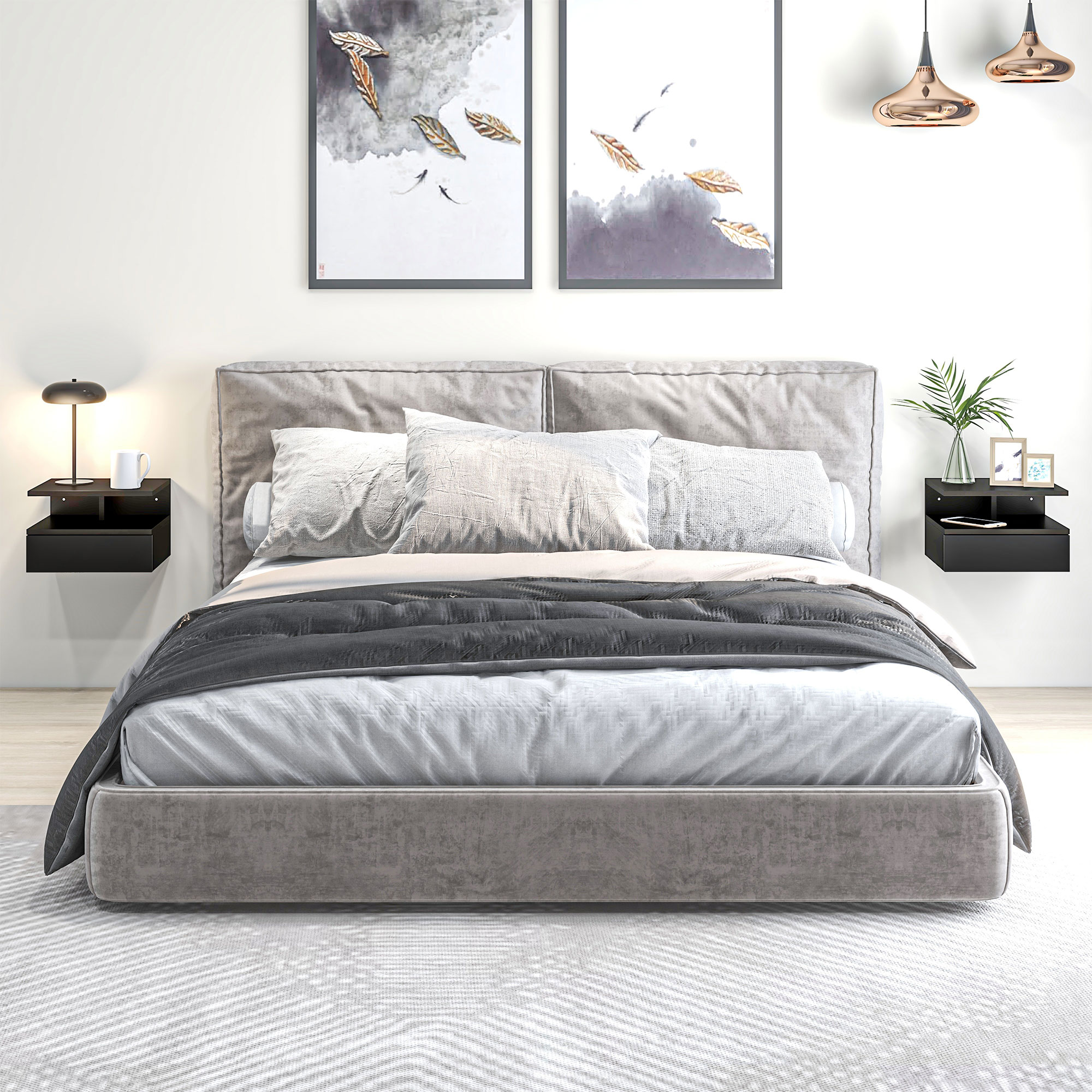 camera da letto con comodini sospesi