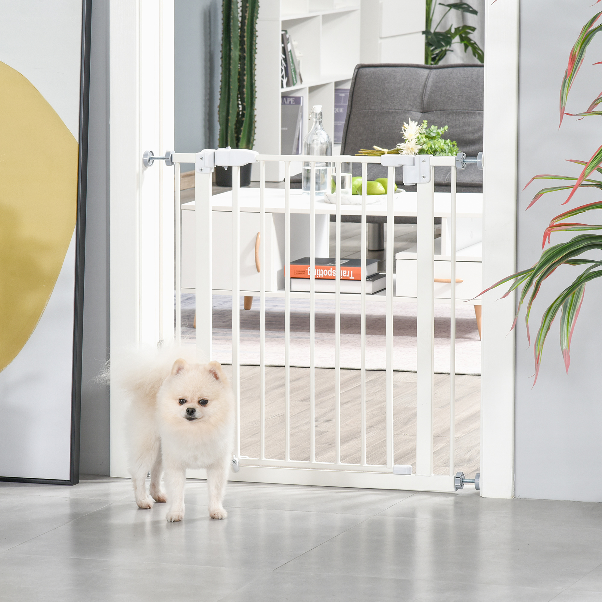 PawHut Pressure Fit Safety Gate, Adjustable Dog Gate, Pet Barrier for for Doorways, Staircases and Hallways with Auto Close, Double Locking, Opening 74-80cm, White 2