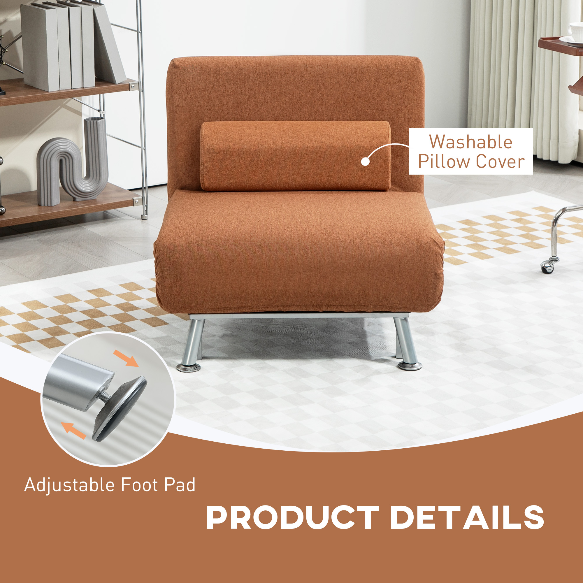 HOMCOM Single Linen-Feel Sleeper Chair Coffee 7