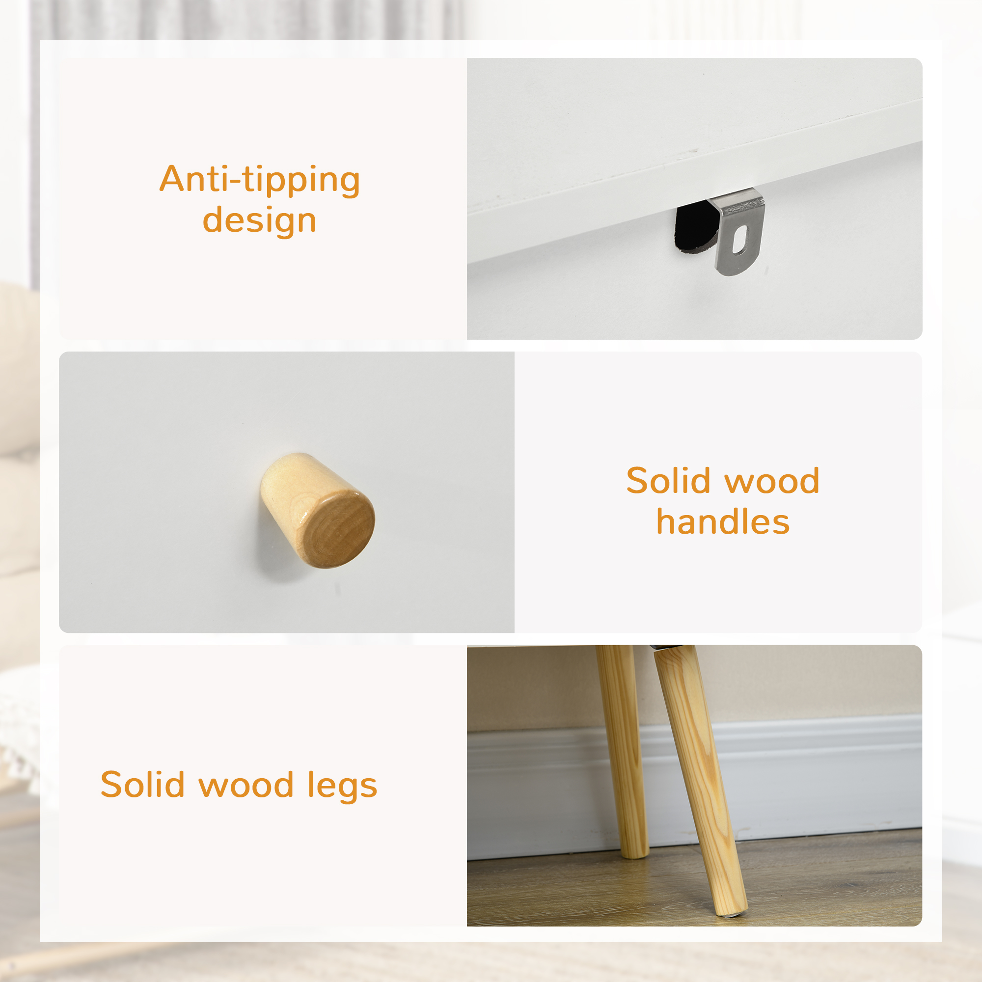 HOMCOM Chest of Drawers, 3-Drawer Storage Organiser Unit with Wood Legs for Bedroom, Living Room, White 6