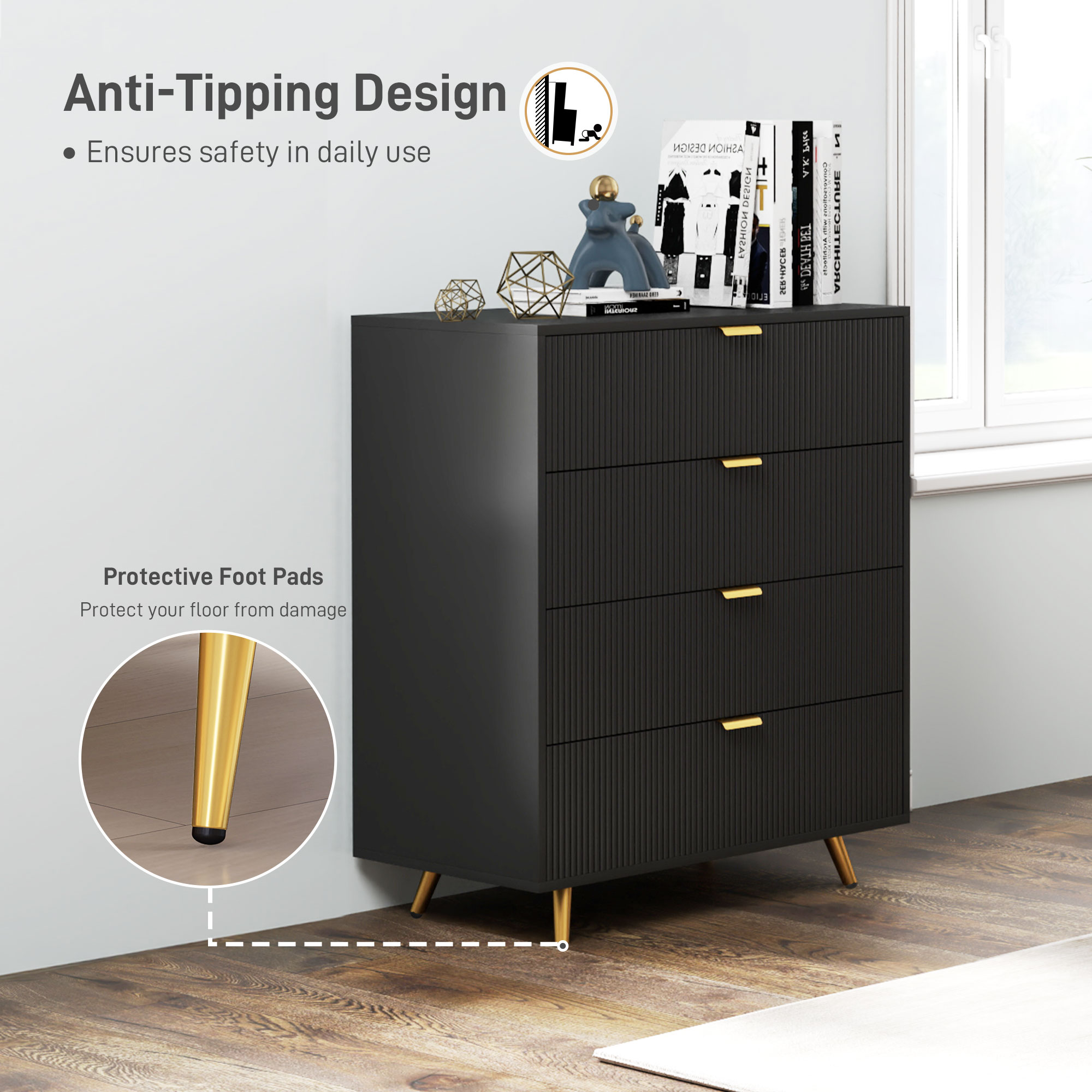 HOMCOM Elegant Four-Drawer Bedside Table Black 6