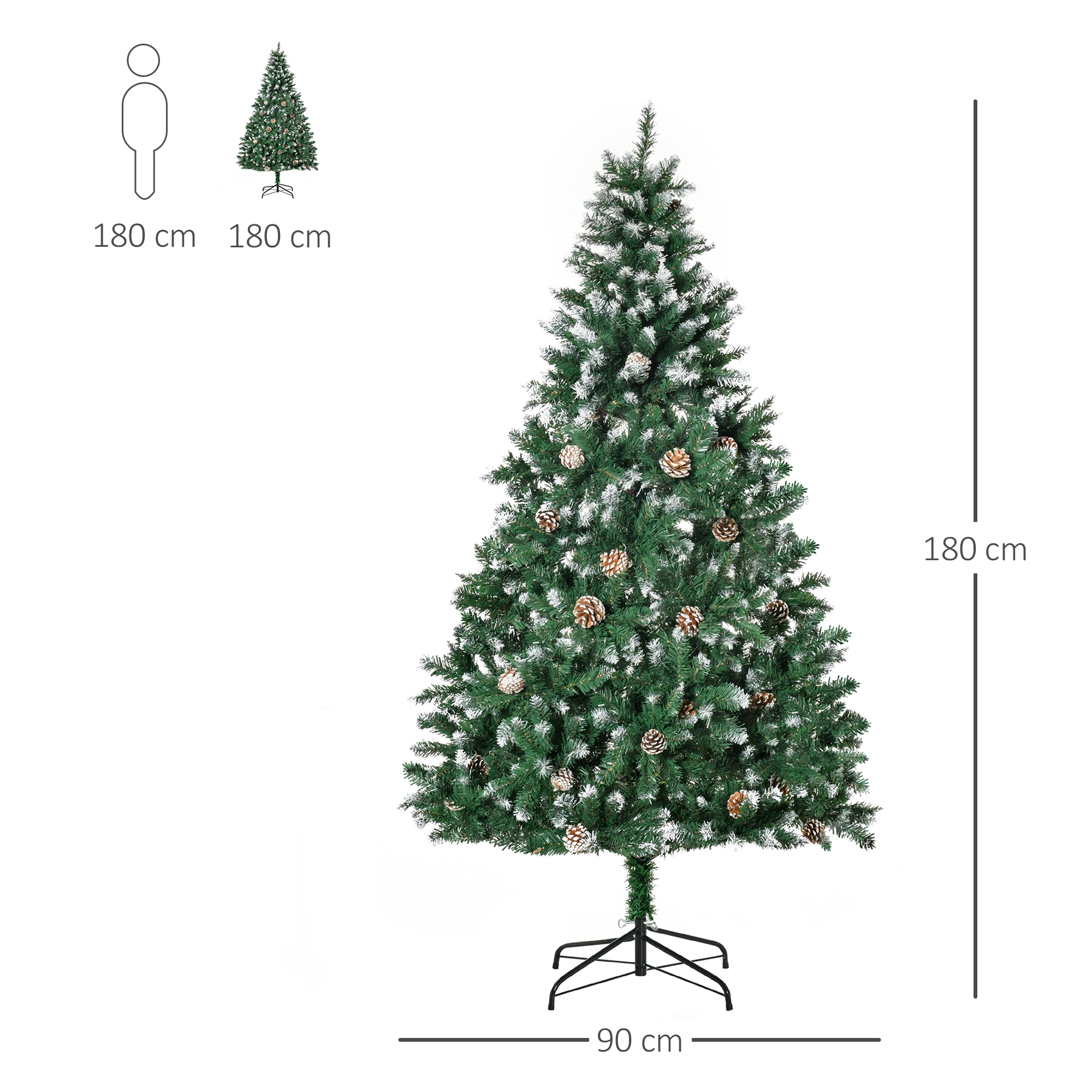 Árbol De Navidad Artificial HOMCOM 180 Cm - 1111 Puntas De PVC, 59 Piñas, Base Metálica Plegable