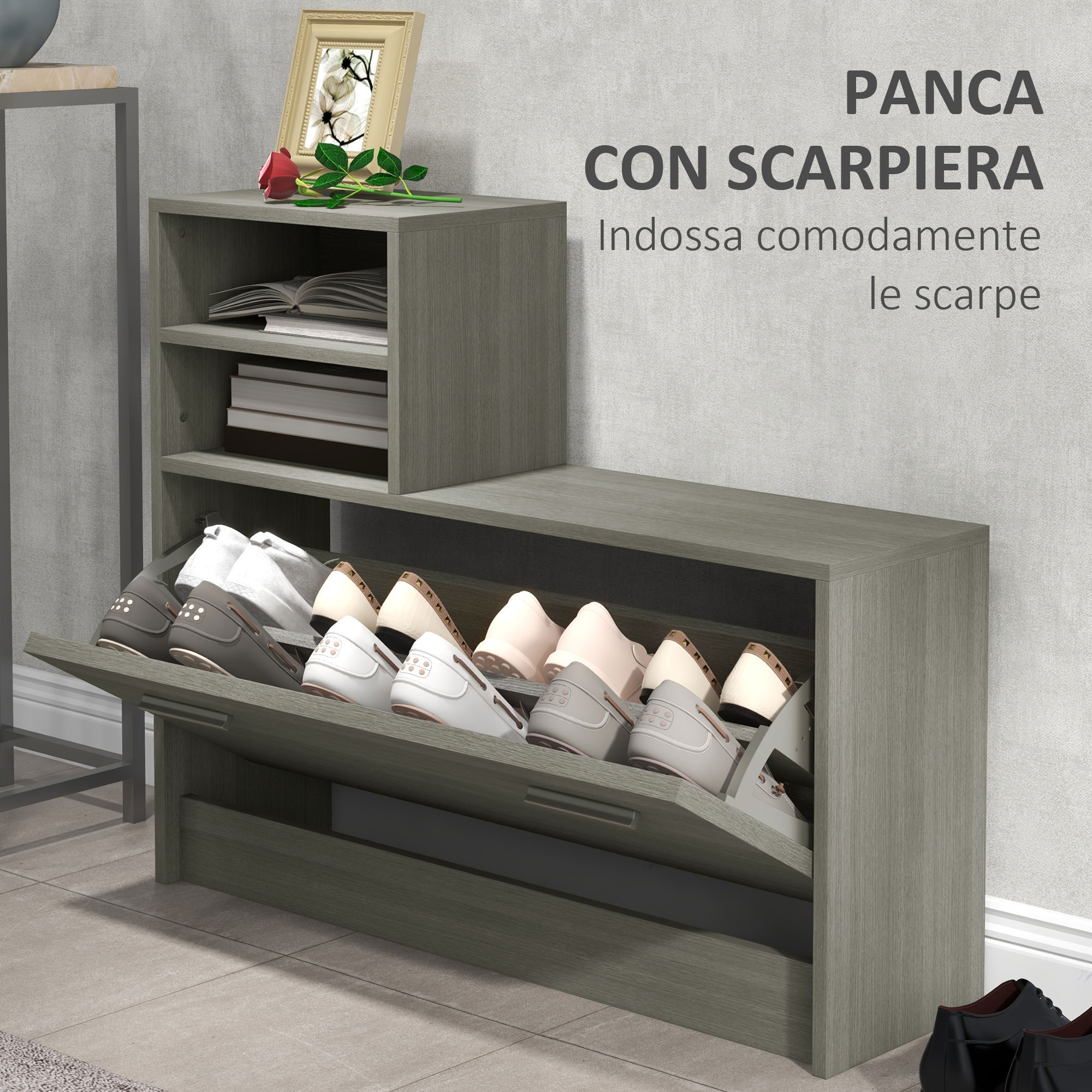 HOMCOM 3 in 1 Appendiabiti con Panca e Scarpiera in Stile Industriale, Mobile per Ingresso Vintage in Legno e Acciaio, 80.5x30x170 cm, Nero
