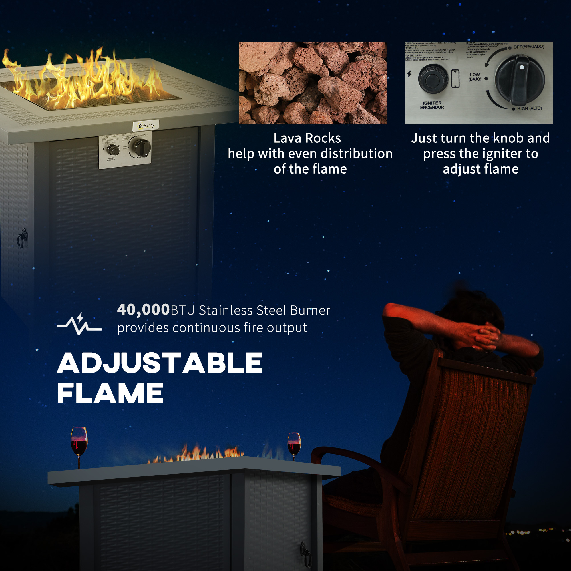 Outsunny 71 x 71cm 40000 BTU Gas Firepit Table Black/Dark Grey 6
