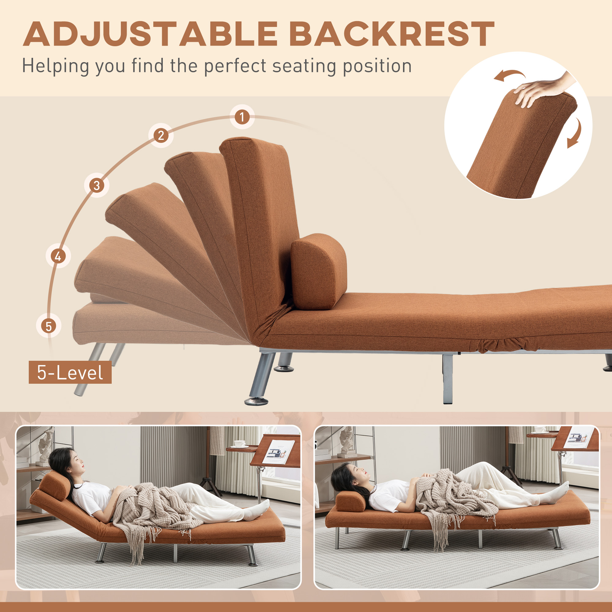 HOMCOM Single Linen-Feel Sleeper Chair Coffee 5