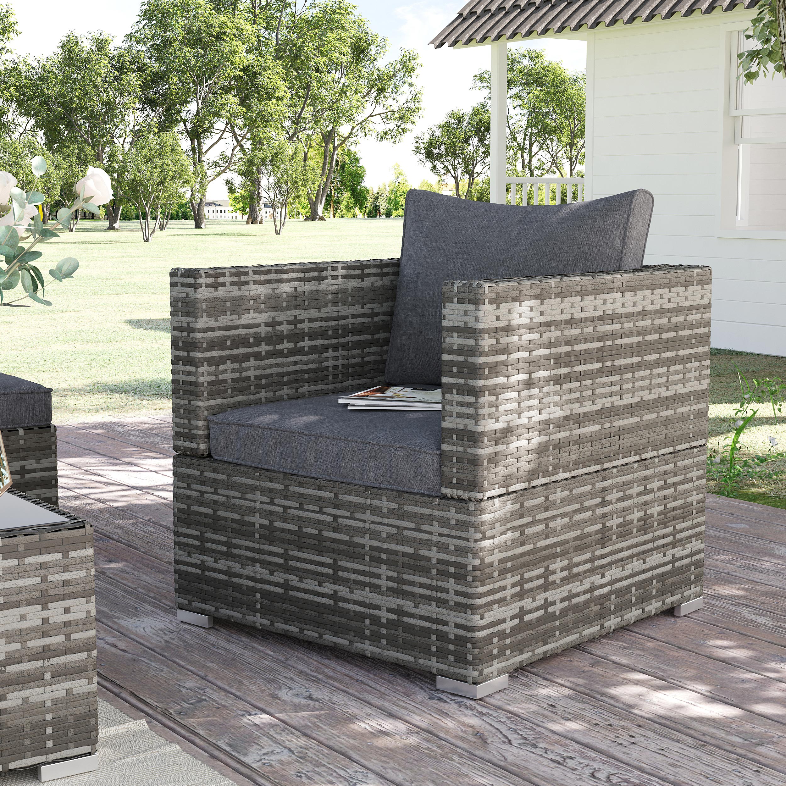 Outsunny Single Rattan Garden Chair, PE Wicker Garden Armchair with Cushions, Outdoor Rattan Chair with Armrests and Steel Frame for Conservatory, Porch, Patio, Balcony, Dark Grey 2