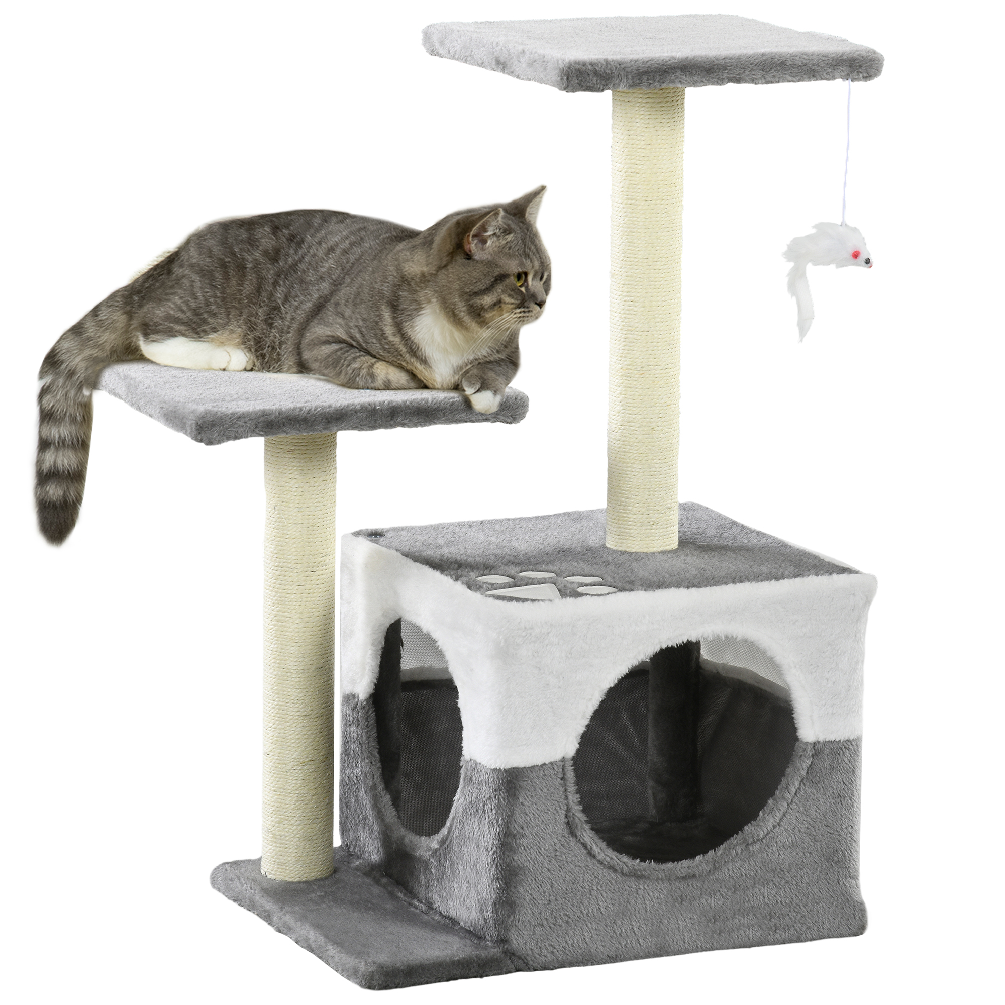 PawHut Deluxe Cat Climber: Sisal Scratching Posts, Cosy Condo, Elevated Perches & Playful Mouse, Sleek Grey Aosom UK