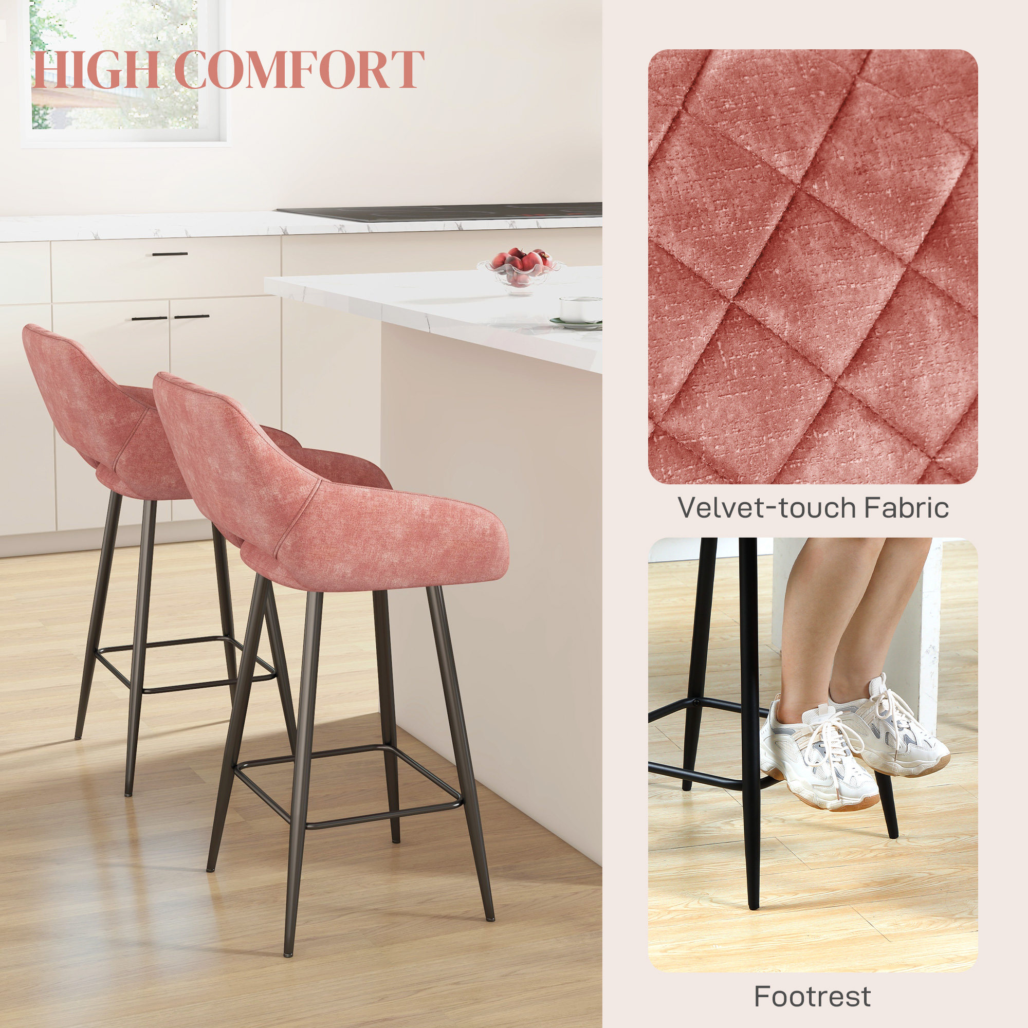 HOMCOM Set of Two Velvet-Feel Bar Stools Pink 5