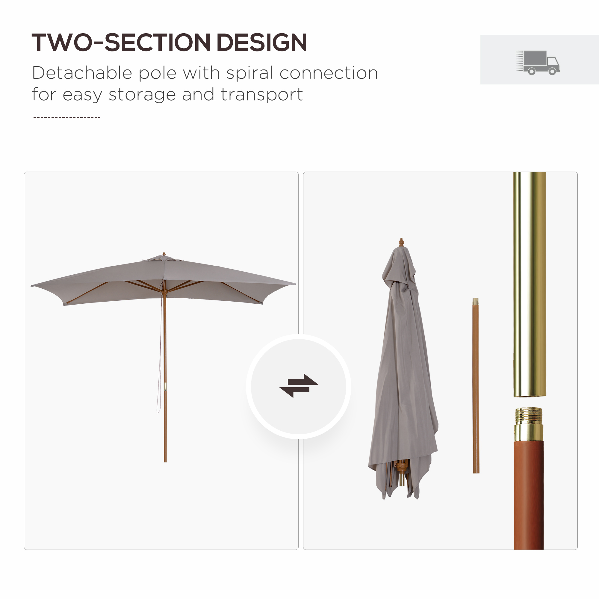 Outsunny 2 x 3m Wooden Garden Parasol Umbrella Outdoor Sun Shade Canopy, Table Market Umbrella with Vent, 38 mm Pole, Rope Pulley Mechanism, Light Grey 7
