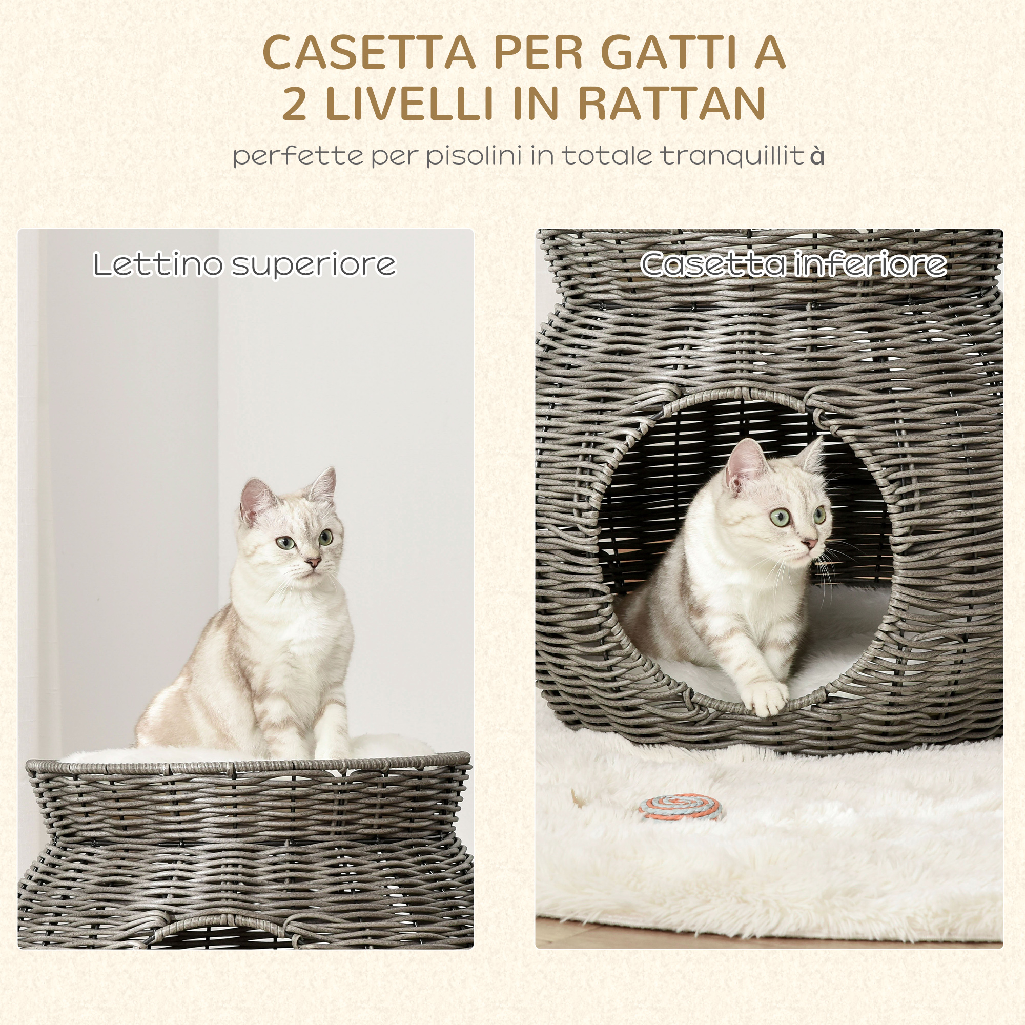 Cuccia Per Gatti PawHut A 2 Piani In Vimini - Grigio Con 2 Cuscini, 56x37x40 Cm, Per Interno/Esterno - Foto 6