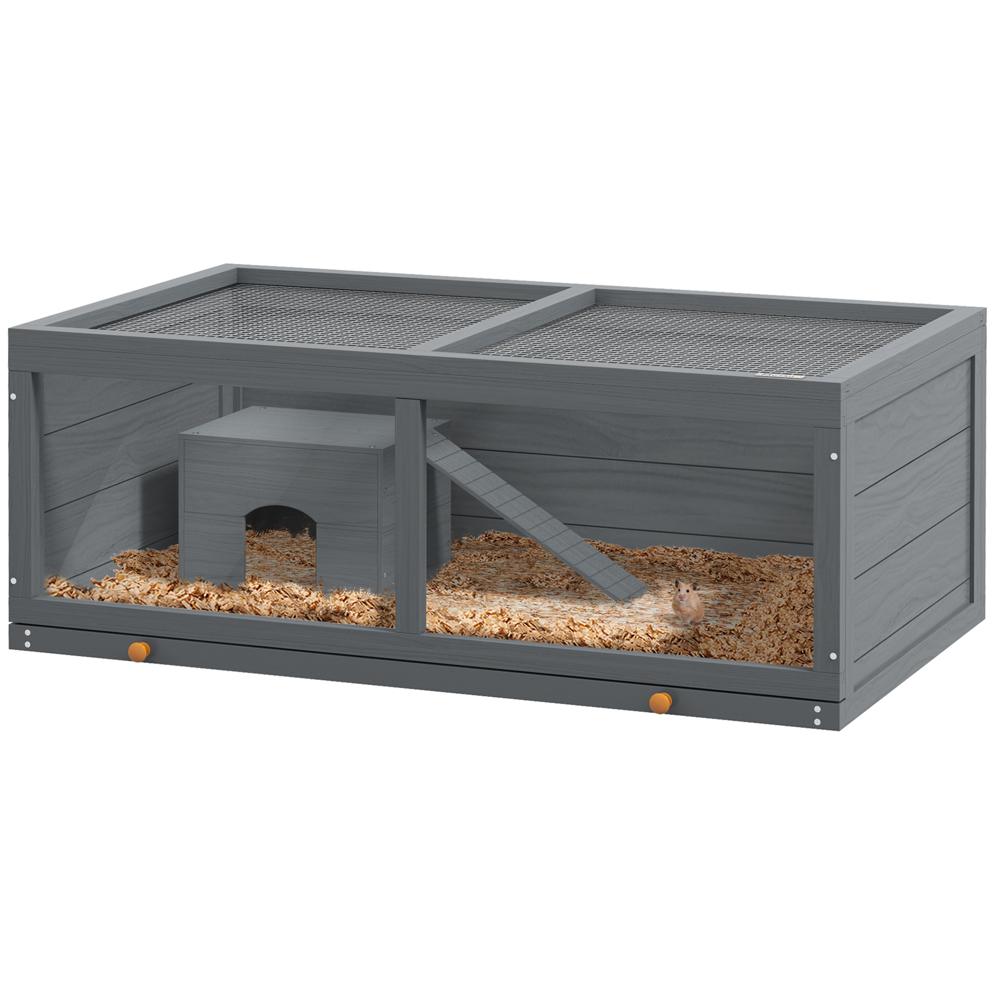 PawHut Indoor Rabbit Hutch, Guinea Pig Cage, with Slide-Out Tray, Large Fenced Area - Light Grey