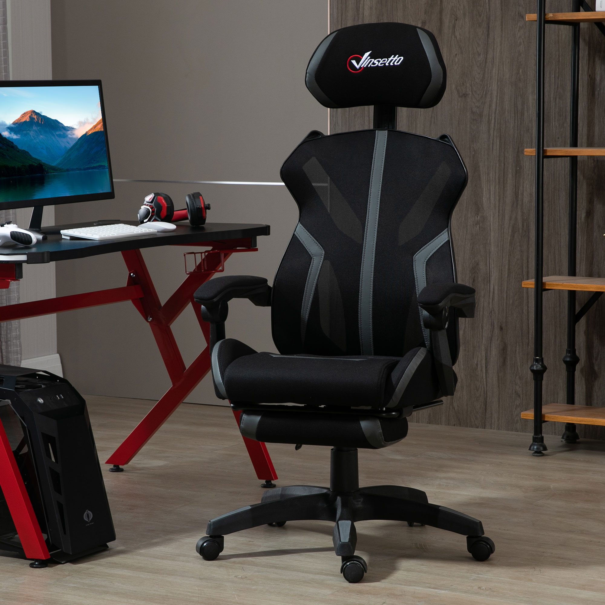 Vinsetto Mesh Office Chair Desk Task Computer Recliner with Footrest, Lumbar Back Support, Swivel Wheels, Adjustable Height for Home, Black Grey 3