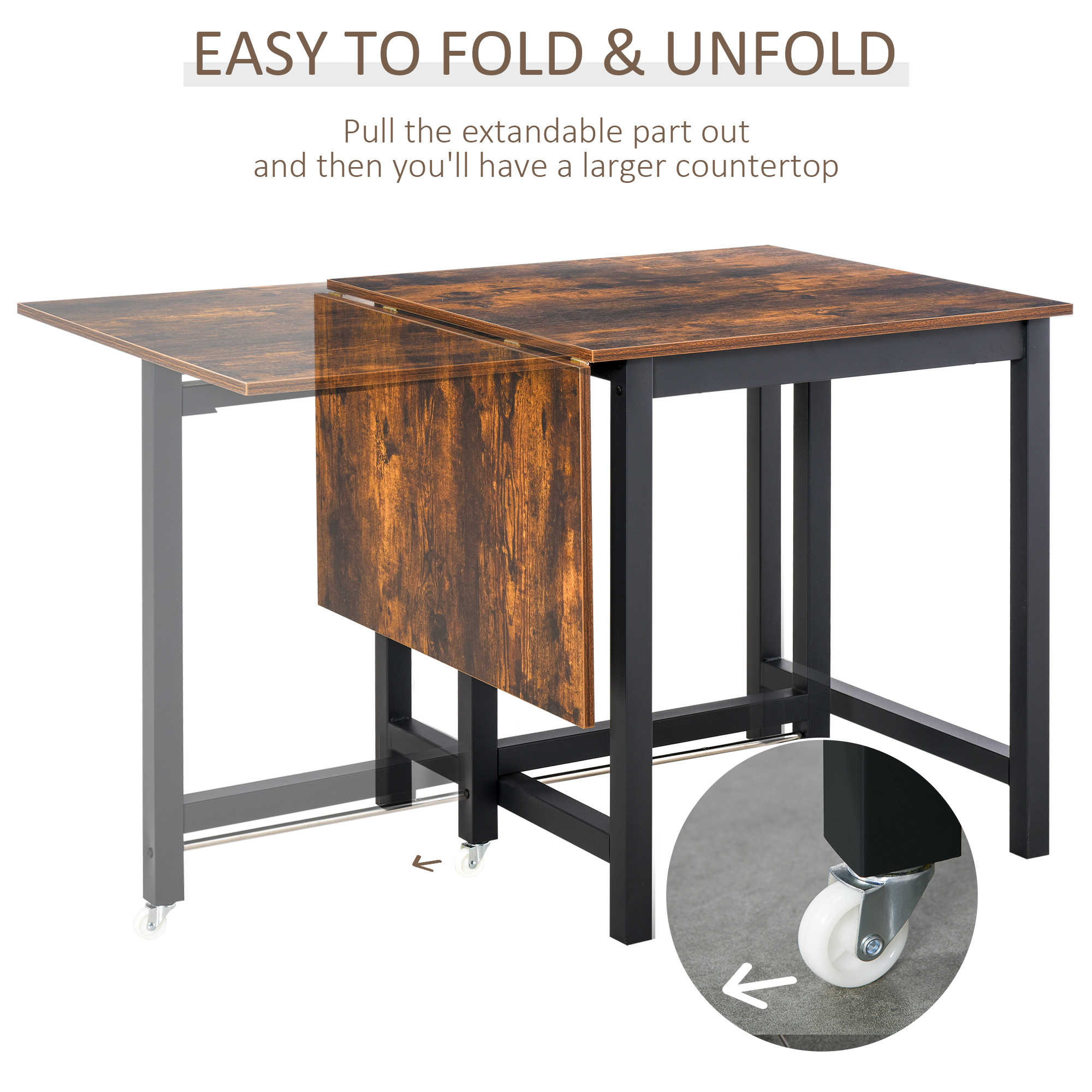 HOMCOM Folding Dining Table, Industrial Drop Leaf Table with Wheels and Metal Frame for Kitchen, Dining Room, Space Saving, Rustic Brown 4
