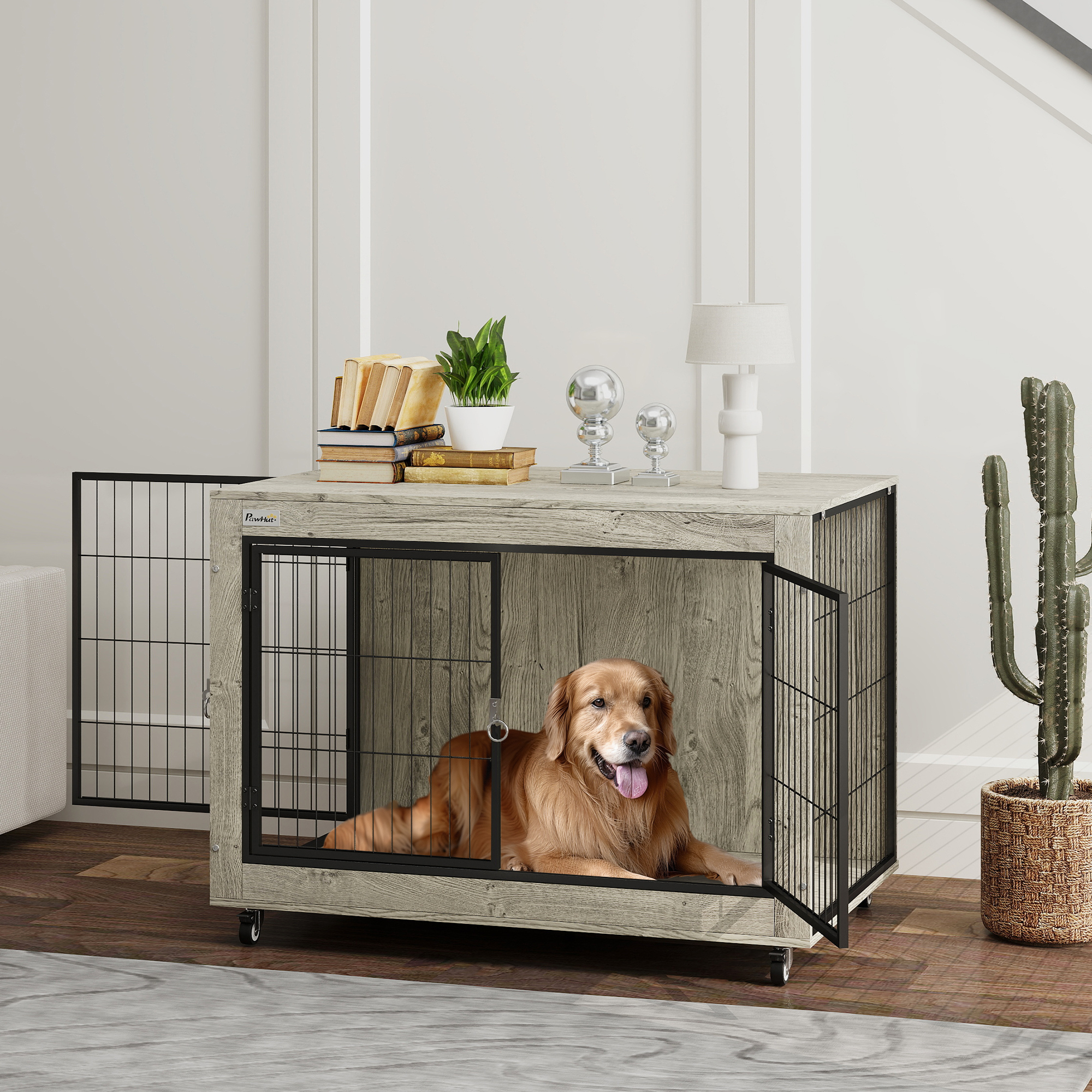 PawHut Dog Crate Furniture with Wheels, Double Doors, for Large Dogs, Grey 2
