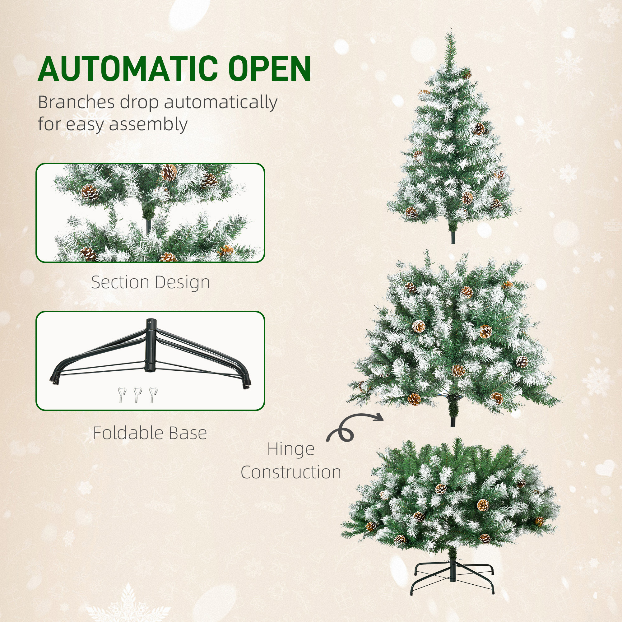 HOMCOM 6FT Artificial Christmas Tree with Pine Cones, Holiday Home Xmas Decoration Automatic Open, Green 7