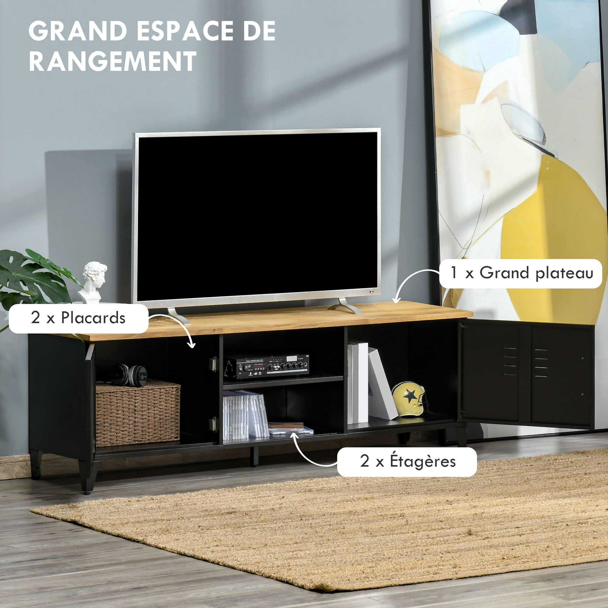 Meuble TV HOMCOM En Bois Avec 3 Tiroirs Et 3 étagères - Pour Téléviseur Jusqu'à 75", 140x34x45 Cm