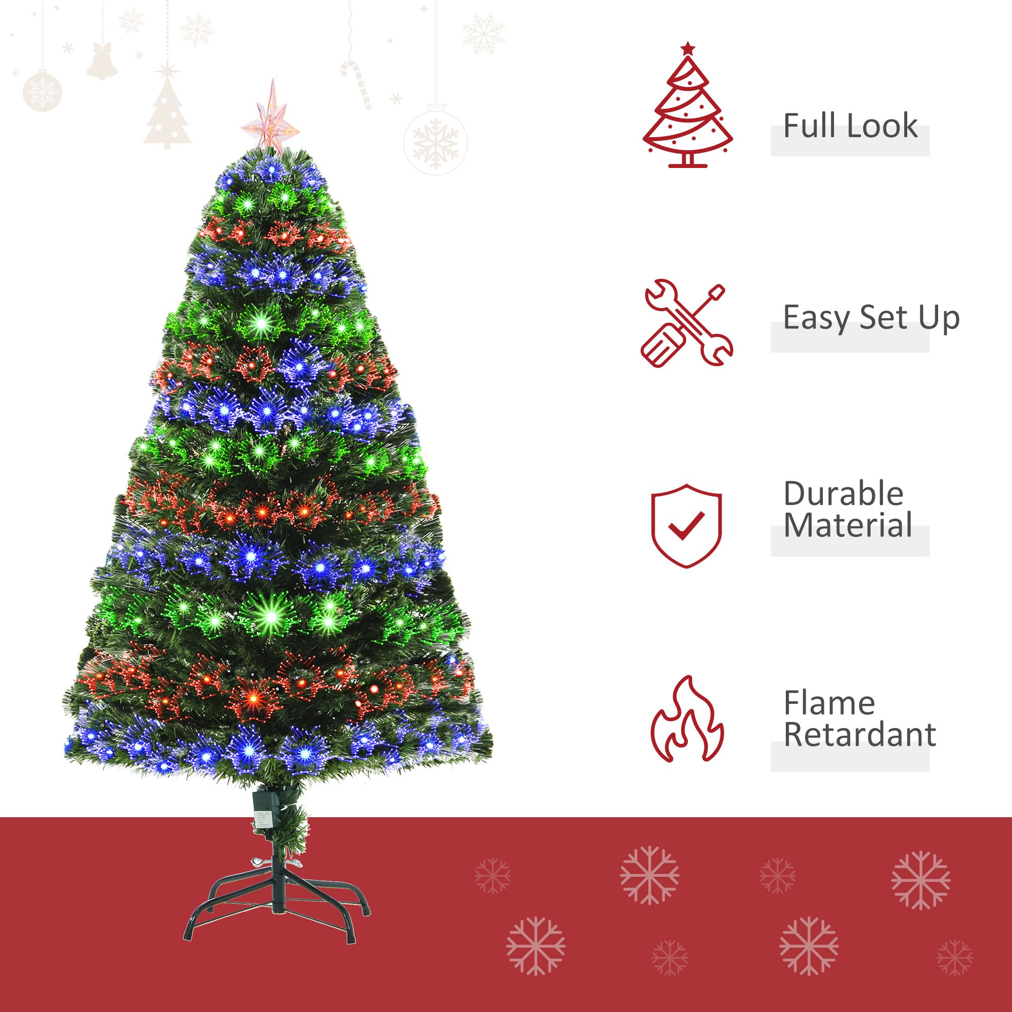 HOMCOM 5 Feet Prelit Artificial Christmas Tree with Multi-Coloured Fiber Optic LED Light, Holiday Home Xmas Decoration, Green 4