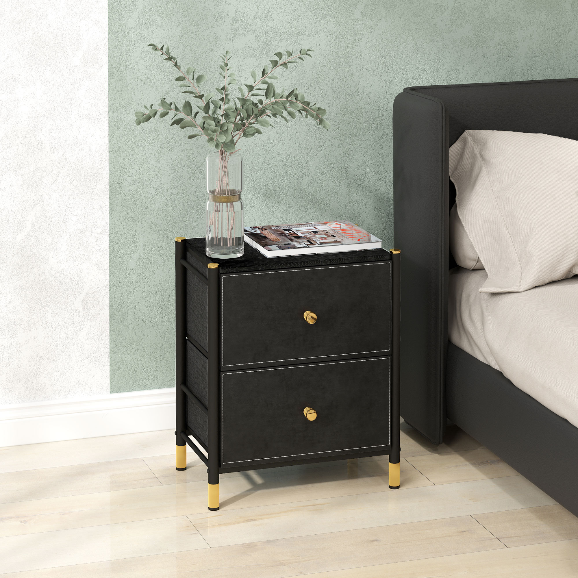 HOMCOM Faux Leather Bedside Table Black 2