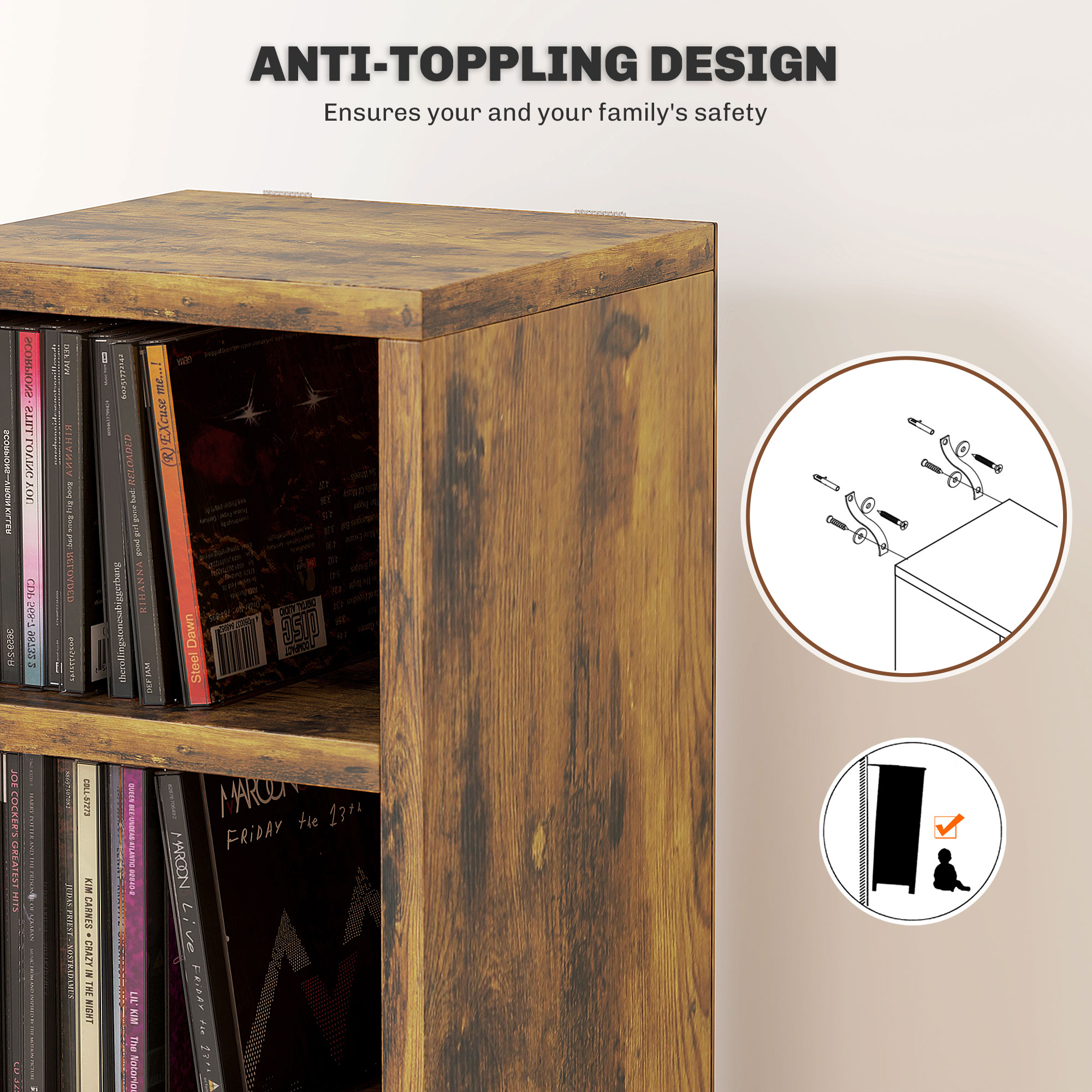 HOMCOM 204 CD Tall Narrow Media Storage Tower Rustic Brown 6