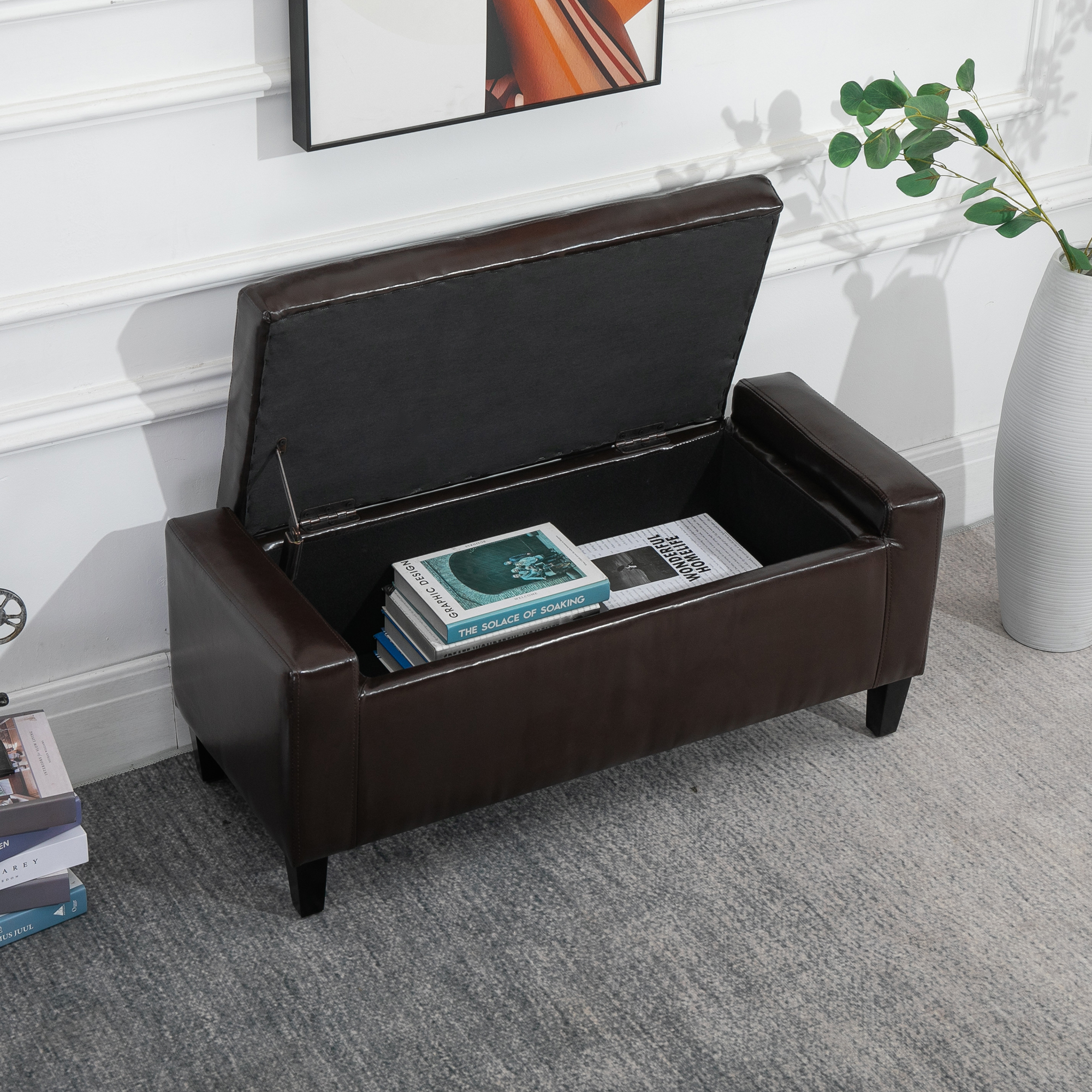 HOMCOM PU Leather Storage Ottoman Bench Storage Chest Tufted Ottoman Cube w/ Flipping Top 92L x 40W x 40H cm Brown 7