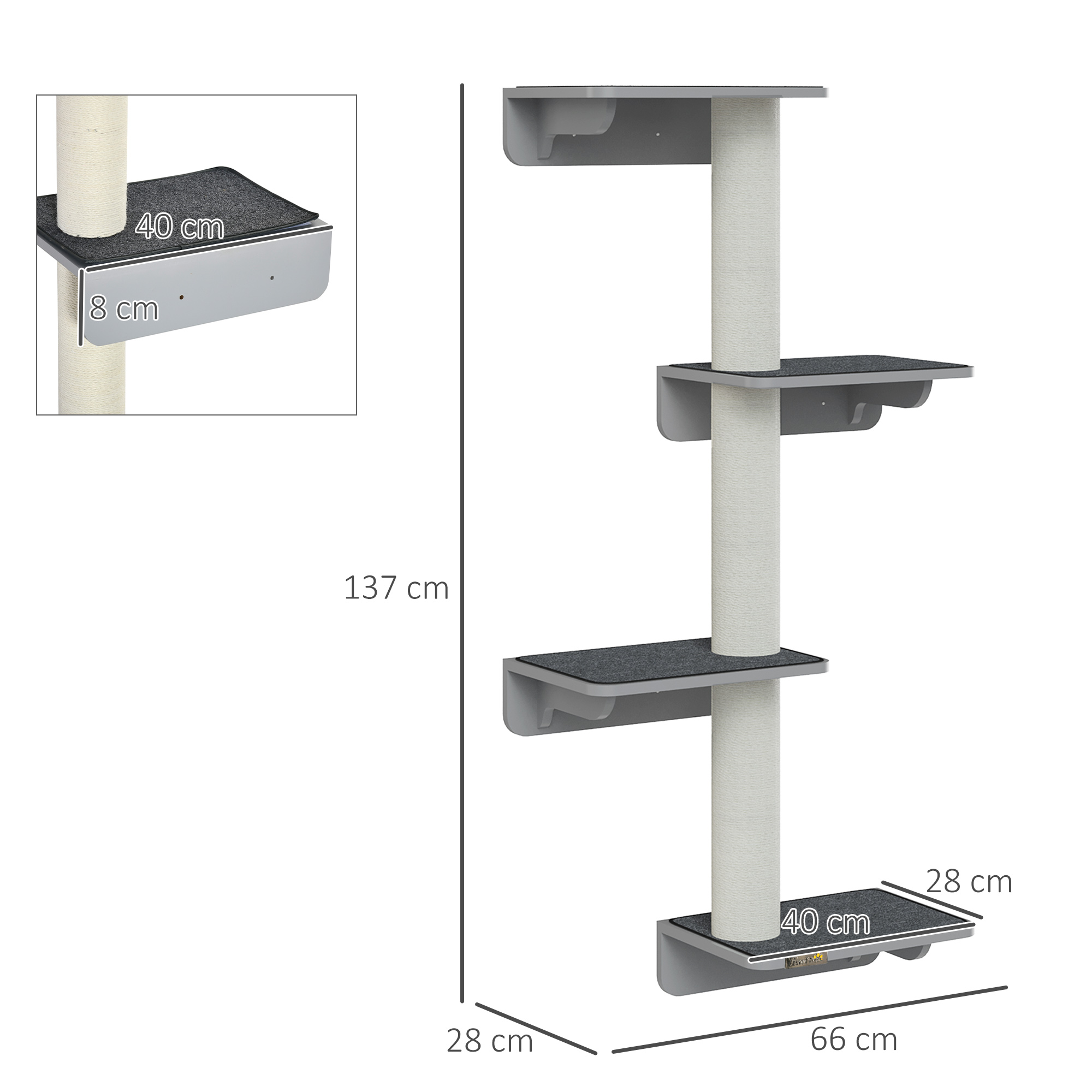 137 cm kõrgune seinale kinnitatav 4-korruseline kassipuu 4 platvormi ja 3 kraapimispostiga, kassipuu alla 5 kg kaaluvatele kassidele ronimiseks, kraapimiseks ja mängimiseks.