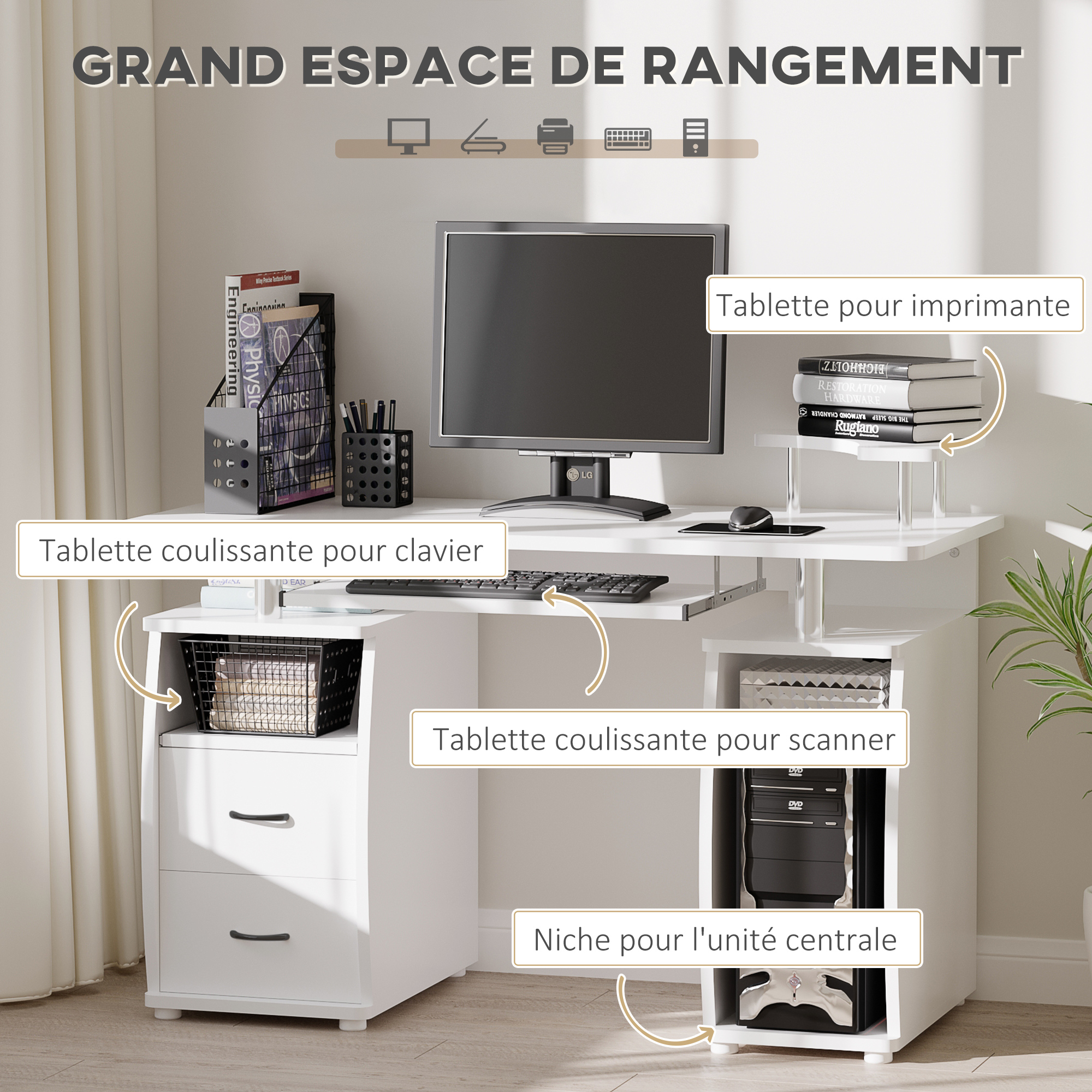 Bureau Informatique HOMCOM Avec 3 Tiroirs Et 2 Étagères - Blanc 120x49x72 Cm
