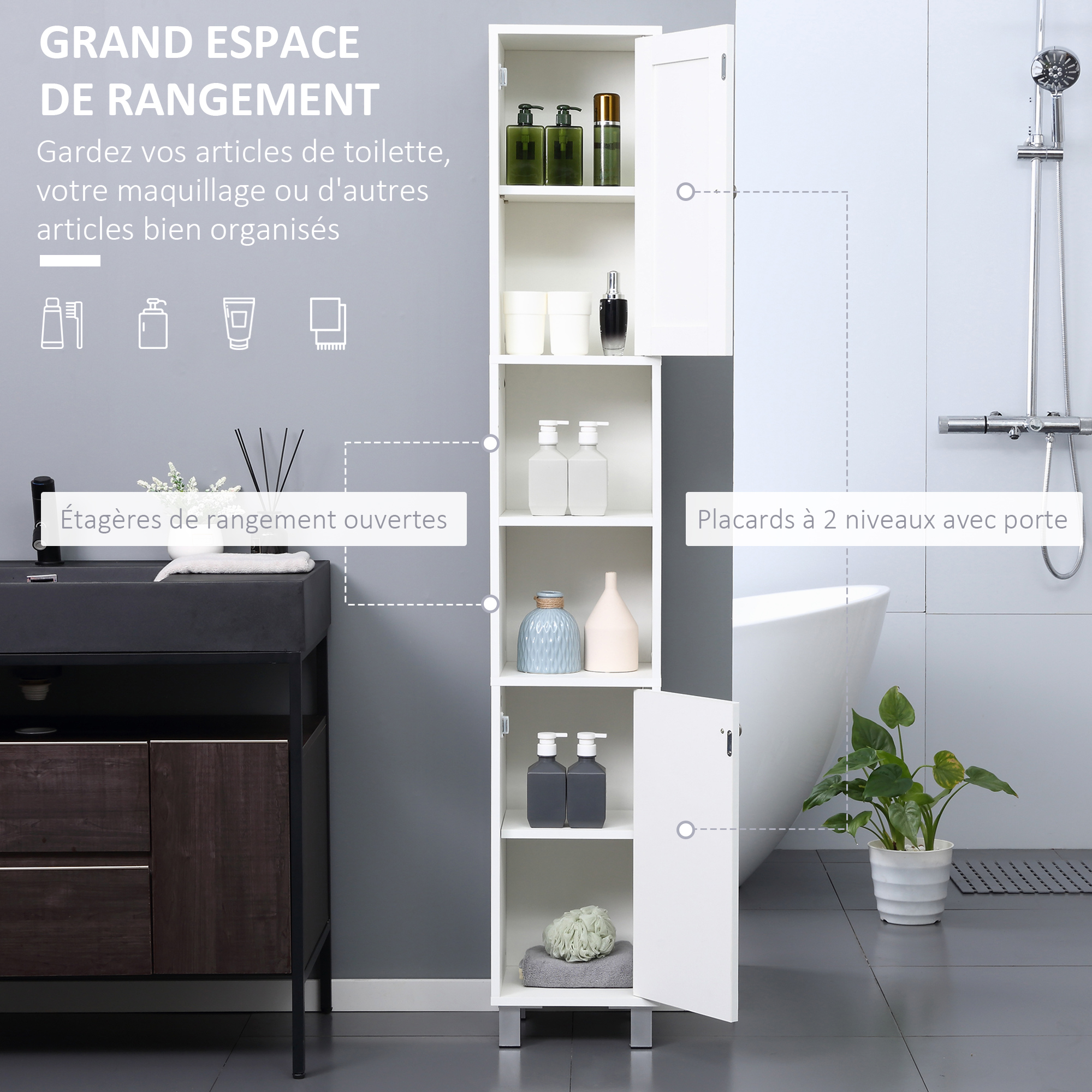 Meuble Colonne Salle De Bain Blanc 30x28x170cm – Armoire Haute Avec étagères Réglables, Rangement