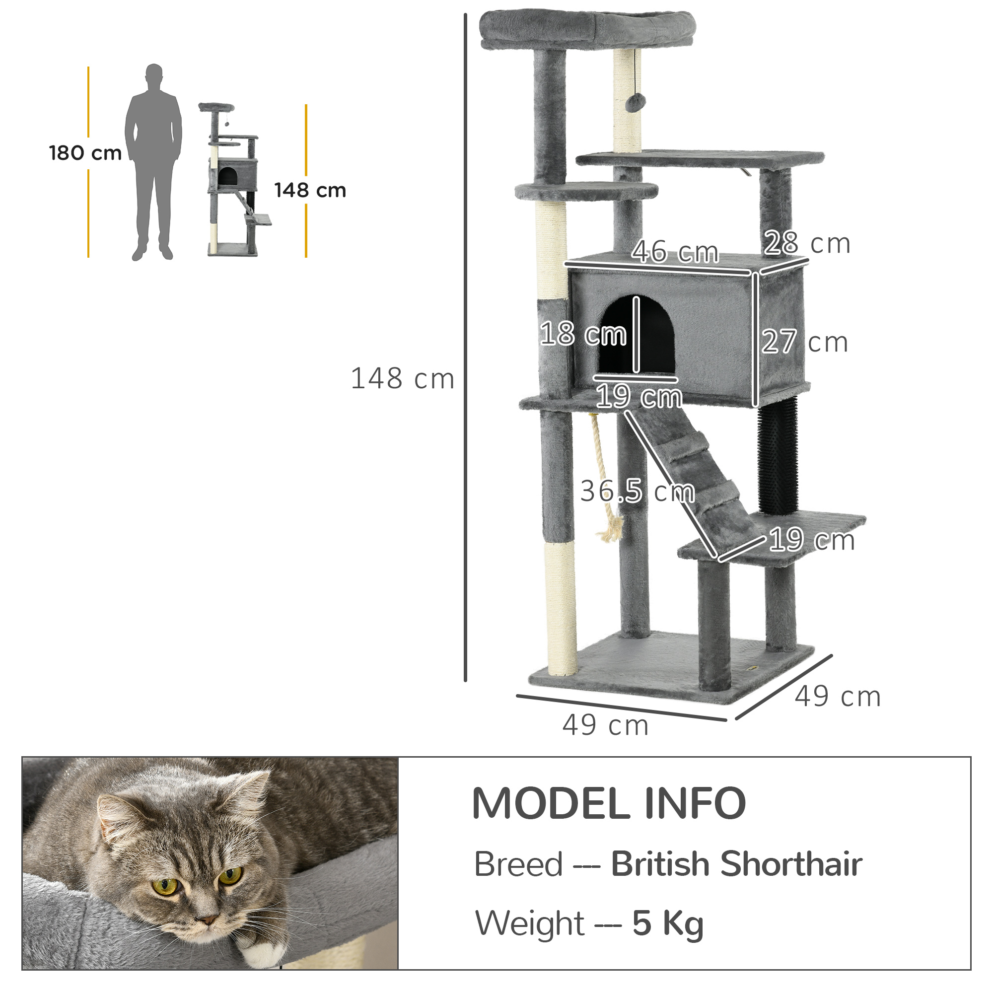 PawHut Cat Tree Tower for Indoor Cats, with Scratching Post, Cat House, Toy, Grey 3