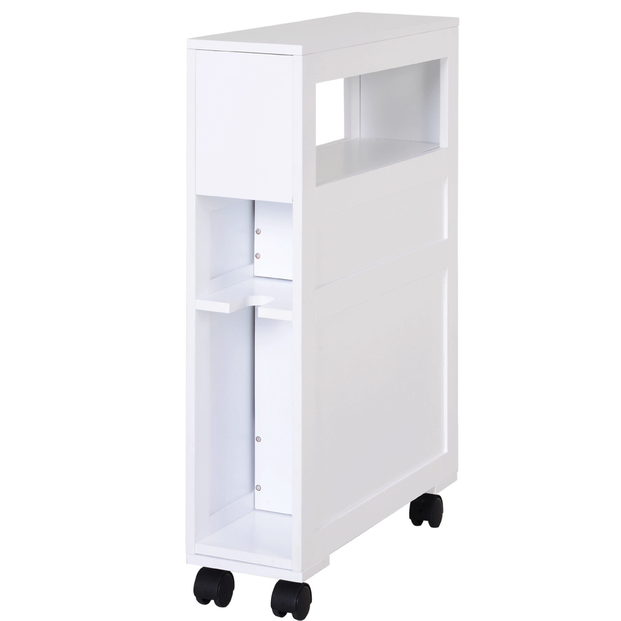 HOMCOM 72x16cm Narrow Bathroom Storage Unit w/ 2 Drawers Open Top 4 Wheels Slimline Modern Rolling Home Organisation 9