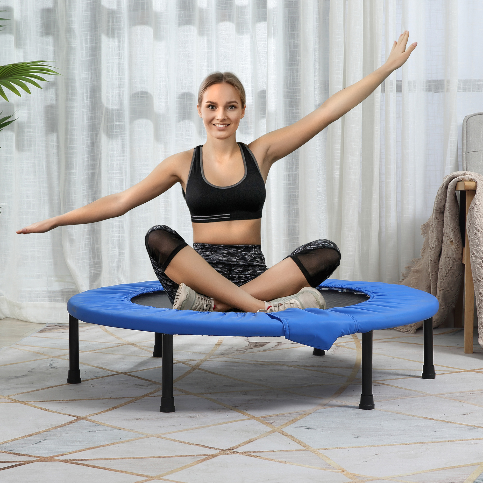 HOMCOM Φ96cm Mini Fitness Trampoline Home Gym Yoga Exercise Rebounder Indoor Outdoor Jumper with Safety Pad, Support Up to 100 KG, Blue and Black 2