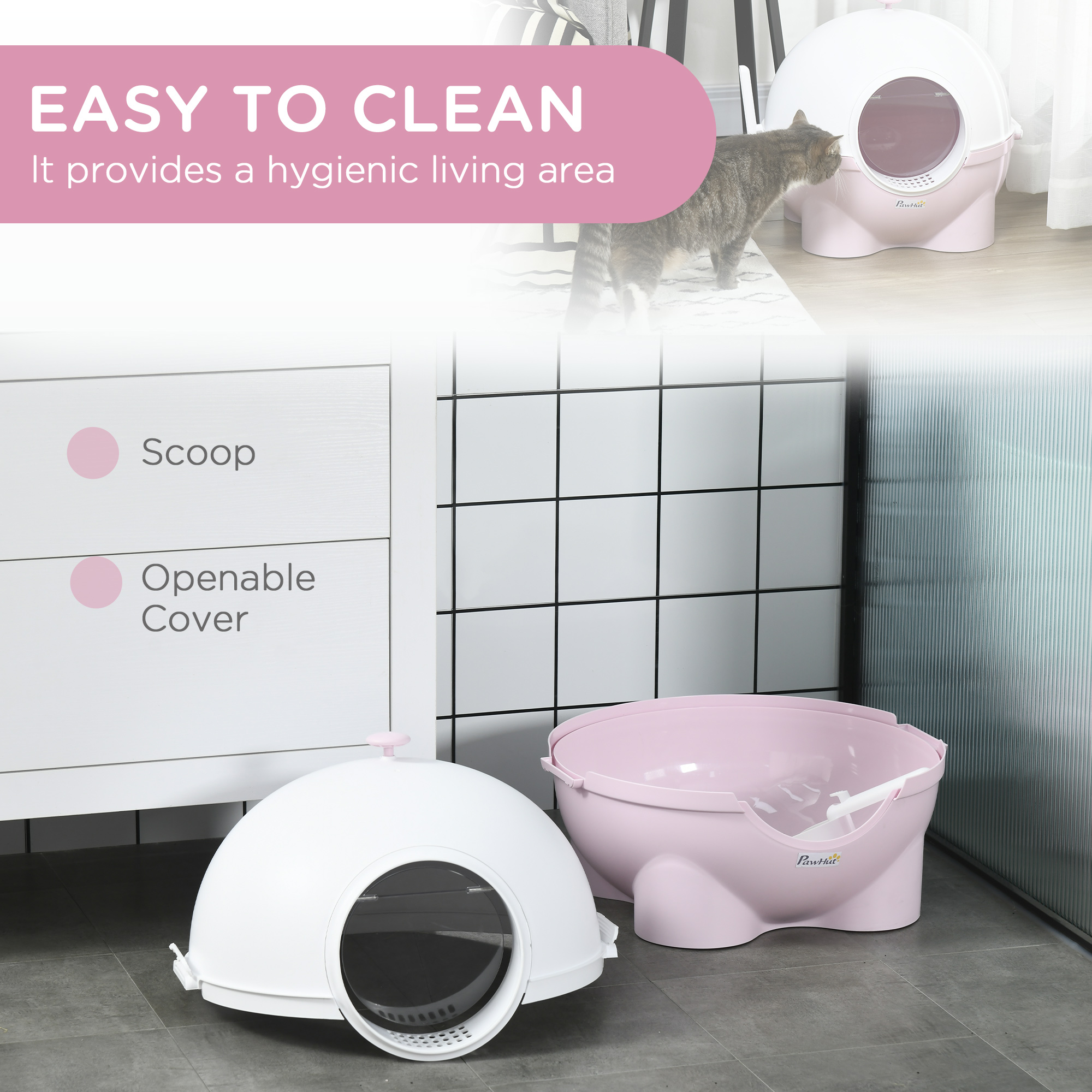 PawHut Large Cat Litter Box, with Scoop, Front Entrance, 53 x 51 x 48cm Pink 5