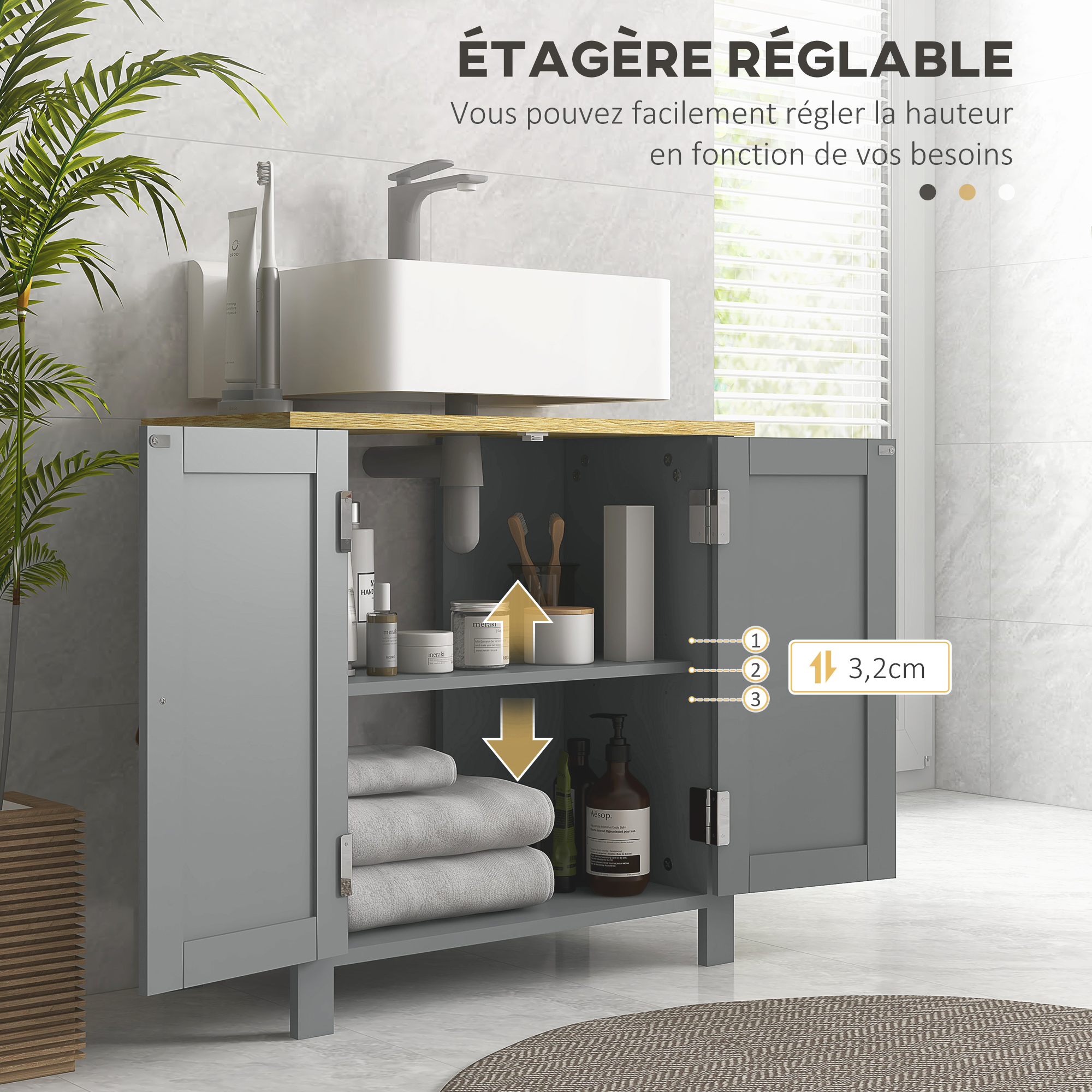 Kleankin Meuble Sous-Lavabo 60 Cm Gris – 2 Portes, Étagère Réglable, Salle De Bain Moderne