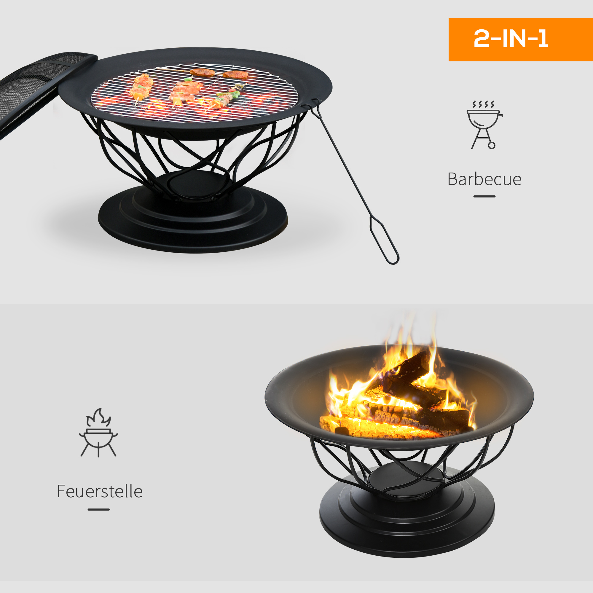 Feuerschale Ø38 Cm, Raucharme Holzfeuerstelle Mit Schürhaken & Funkenschutz - Für Garten & Terrasse