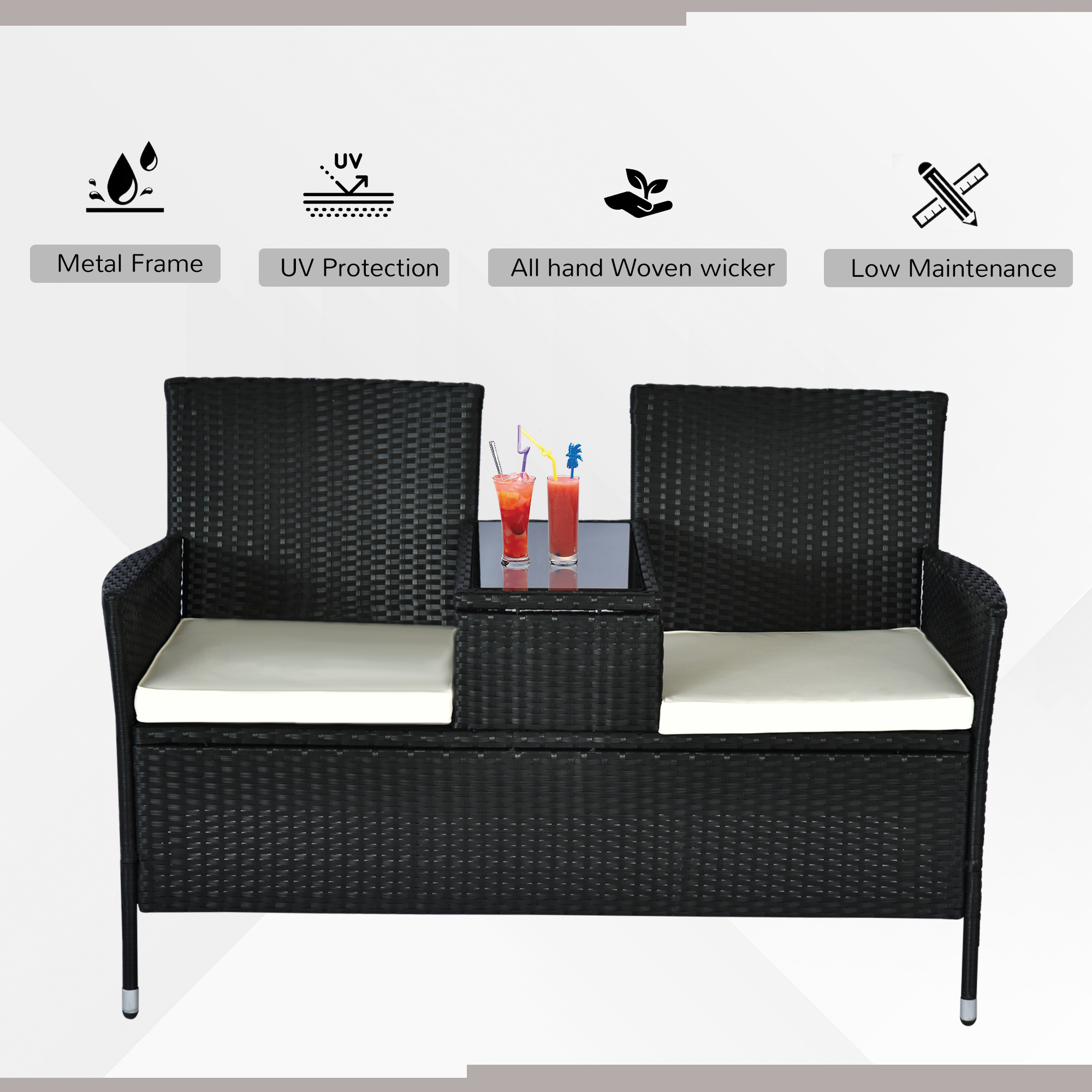 Outsunny 2 Seater Rattan Campanion Chair Wicker Loveseat Outdoor Patio Armchair with Drink Table Garden Furniture Black 4