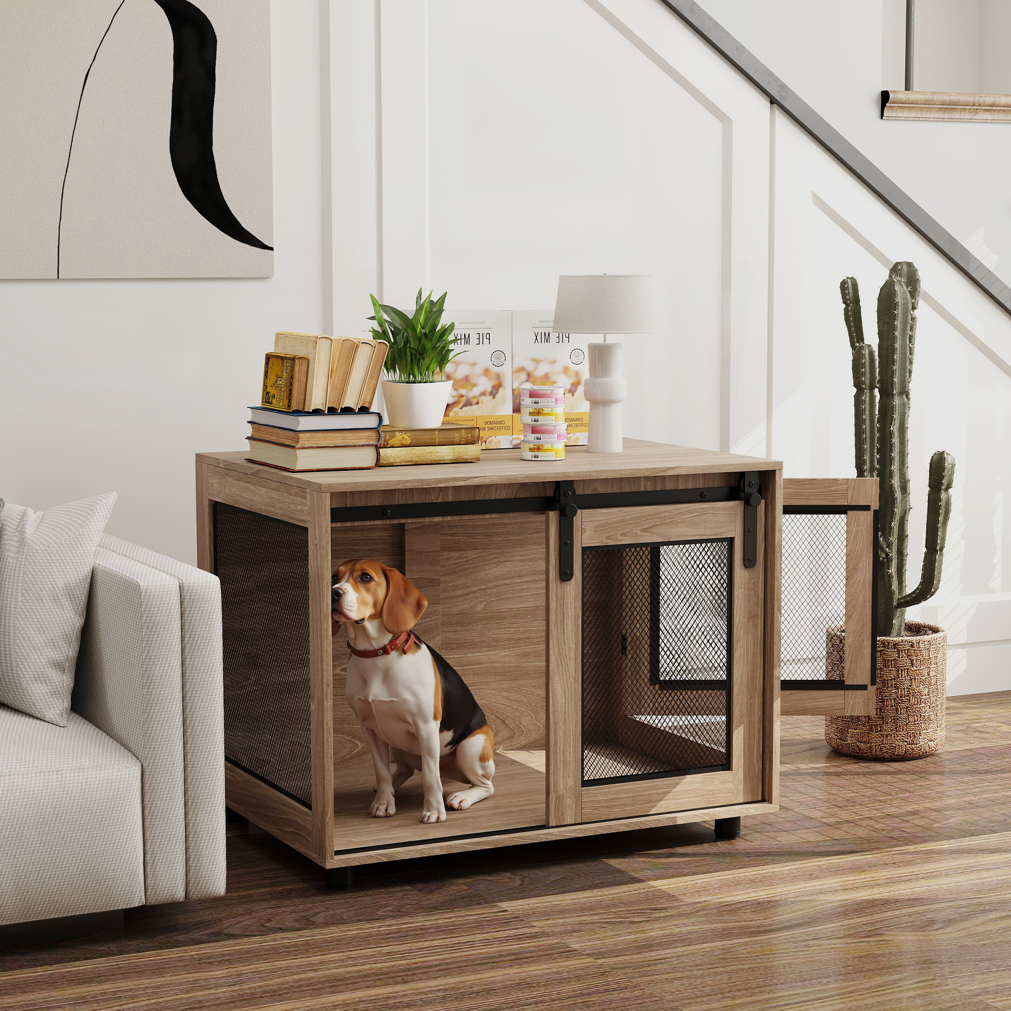 PawHut Dog Crate Furniture with Sliding Door for Medium Dogs, Brown 2