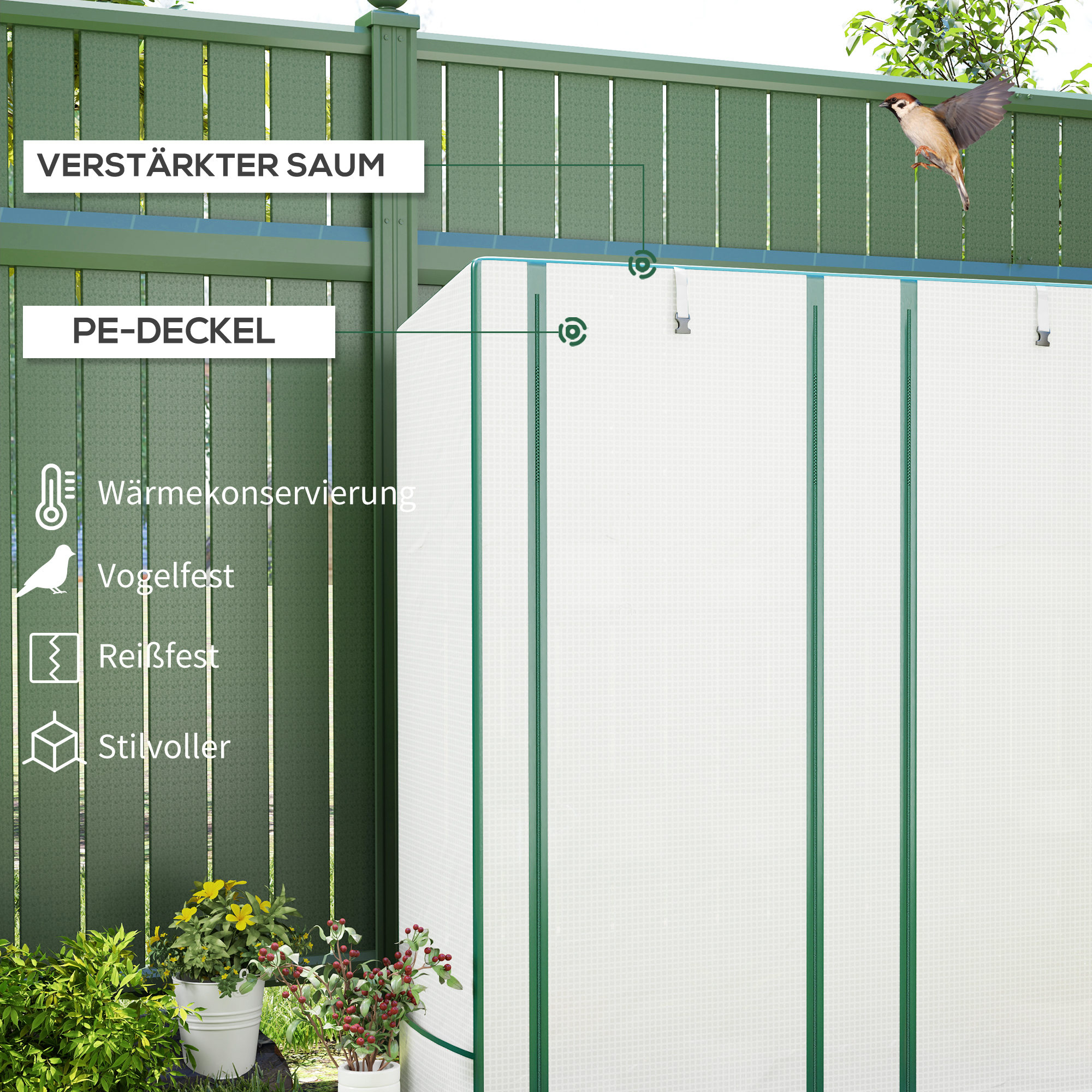 Minikasvuhoone 3-korruselise riiuliga, plastkattega, UV-kindel, kaasaskantav, rulluksega, 144 x 48 x 152 cm, valge