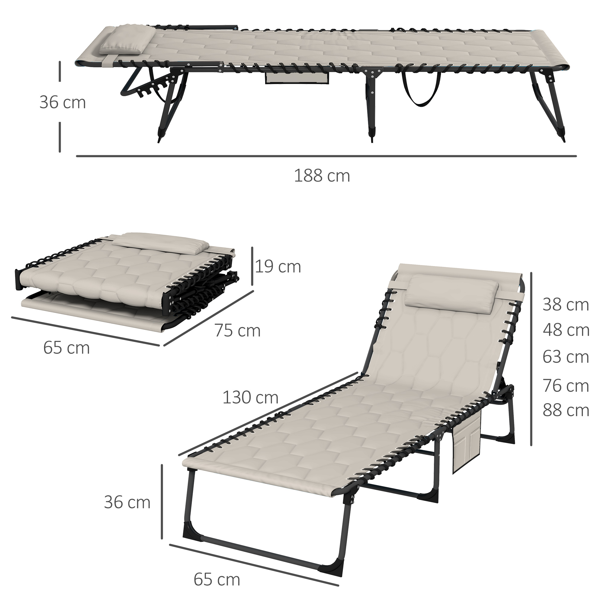 Outsunny Set of Two Sun Loungers, with Five-Position Reclining Backs Khaki 3