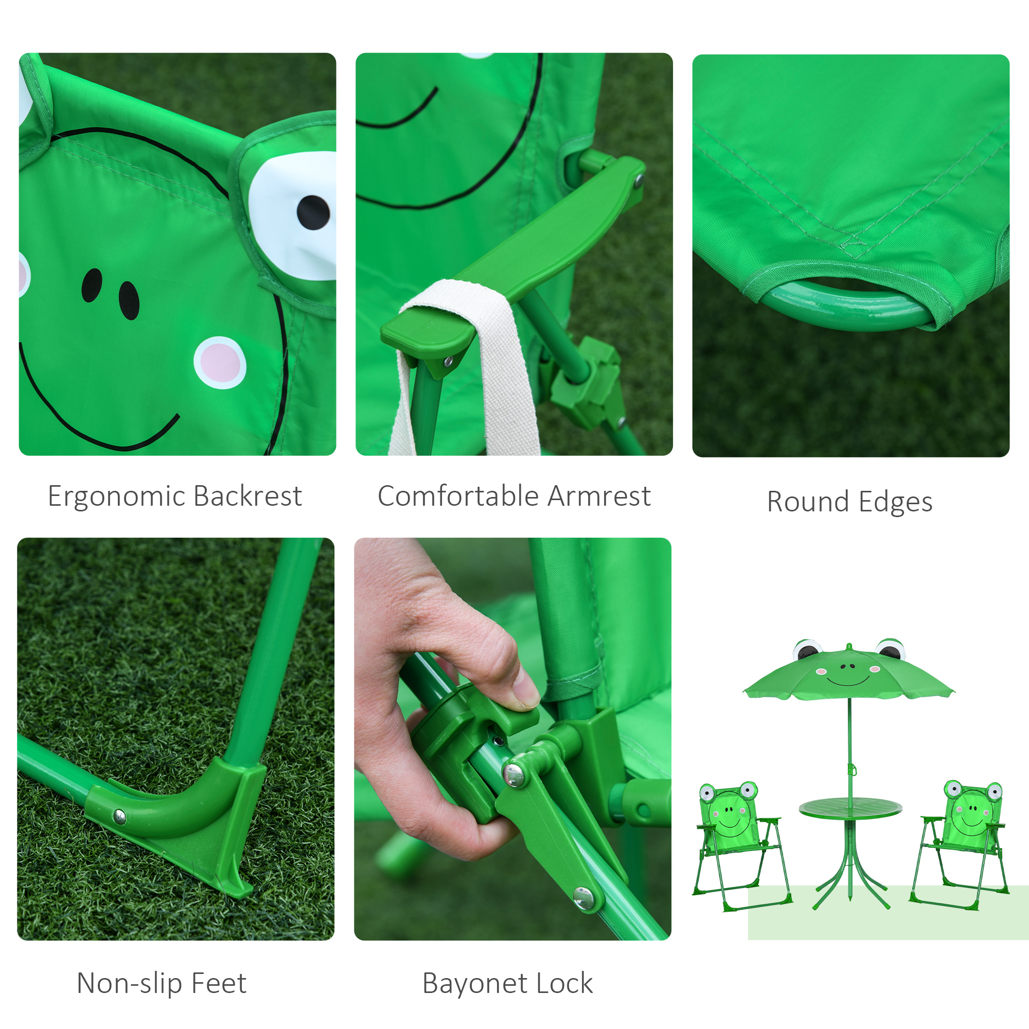 Outsunny Kids Folding Picnic Table Chair Set w/ Parasol, Green 7