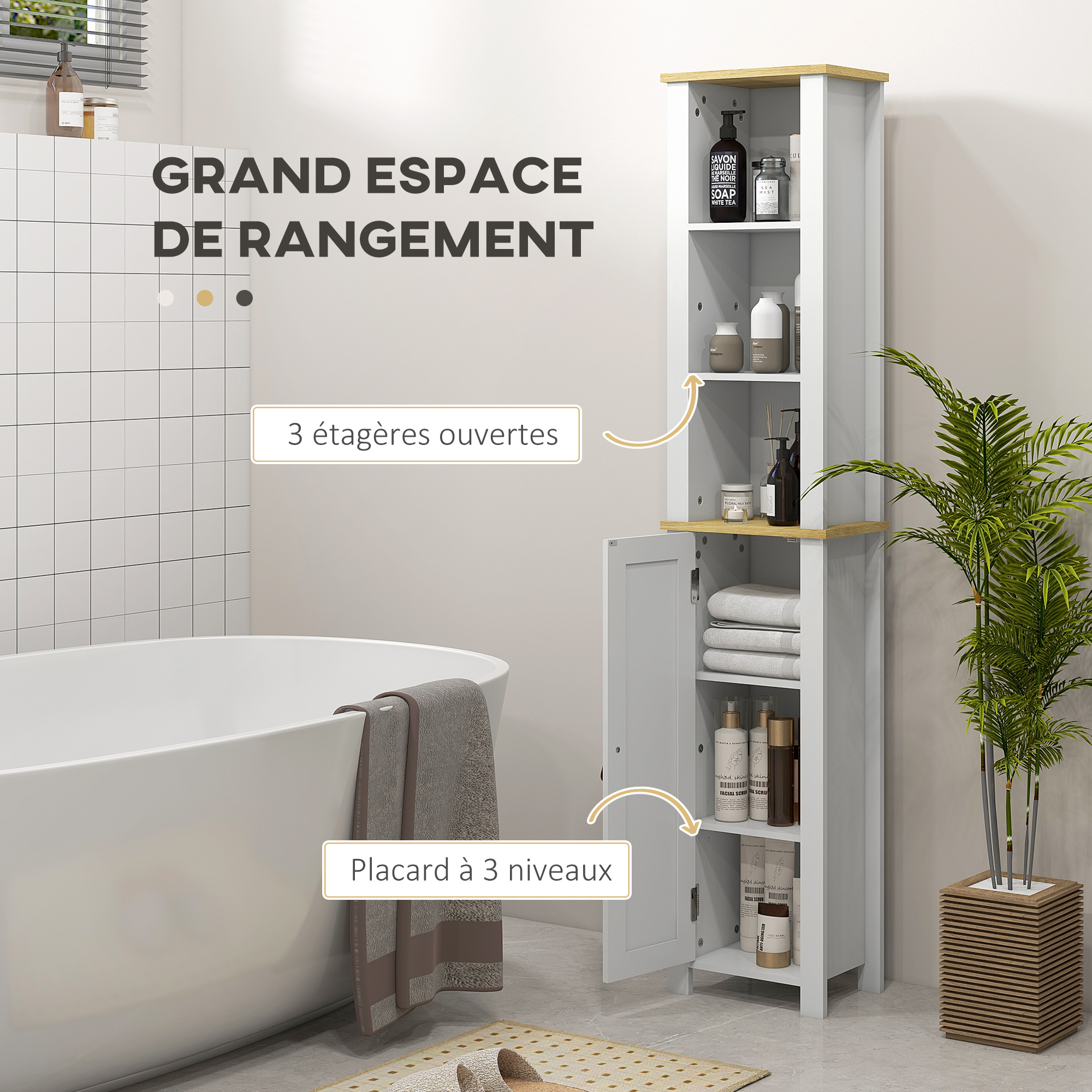 Armoire Murale Salle De Bain Kleankin - Placard Rangement 3 Niveaux 37x22,5x70 Cm Blanc Brillant