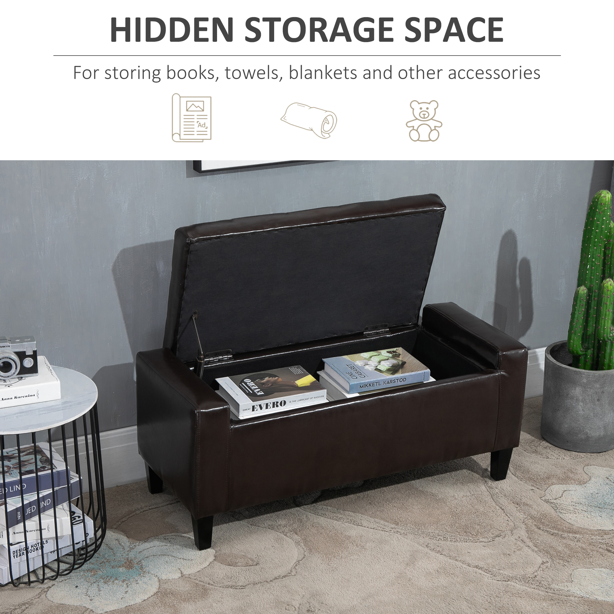 HOMCOM PU Leather Storage Ottoman Bench Storage Chest Tufted Ottoman Cube w/ Flipping Top 92L x 40W x 40H cm Brown 4