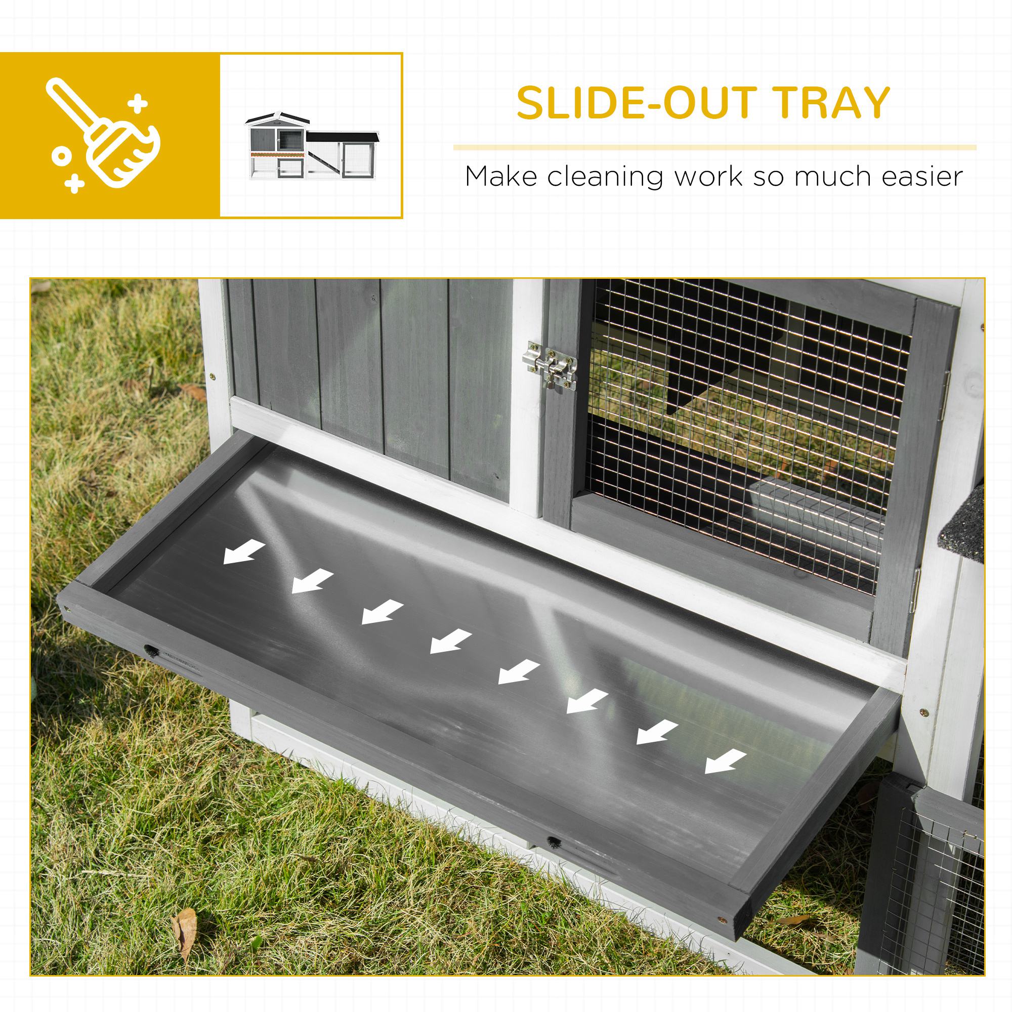 PawHut Rabbit Hutch Outdoor, 2-Tier Guinea Pig Hutch, Wooden Small Animal House with Rabbit Run Box, Slide-out Tray, Ramp, 175.8 x 52 x 85.5 cm, White 5