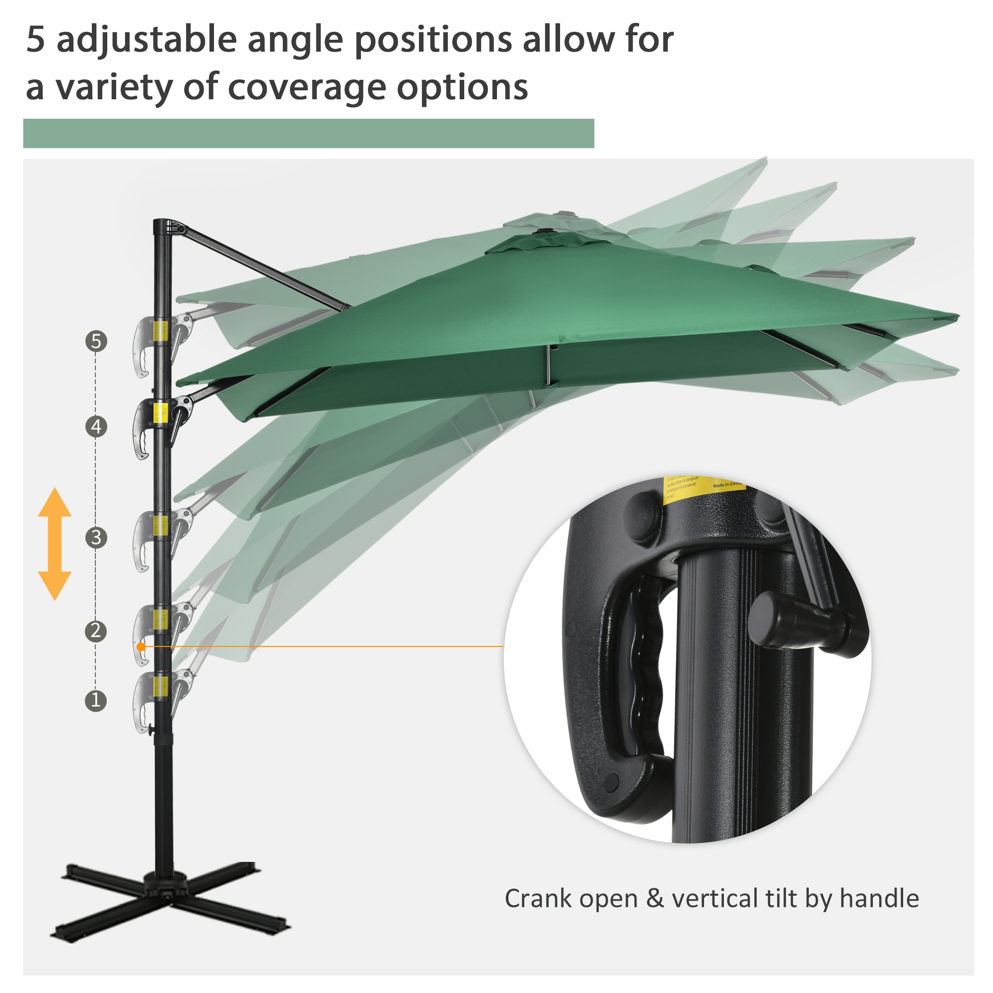 Outsunny Square Umbrella Parasol W/360° Rotation, 245Lx245Wx248H cm-Green 5