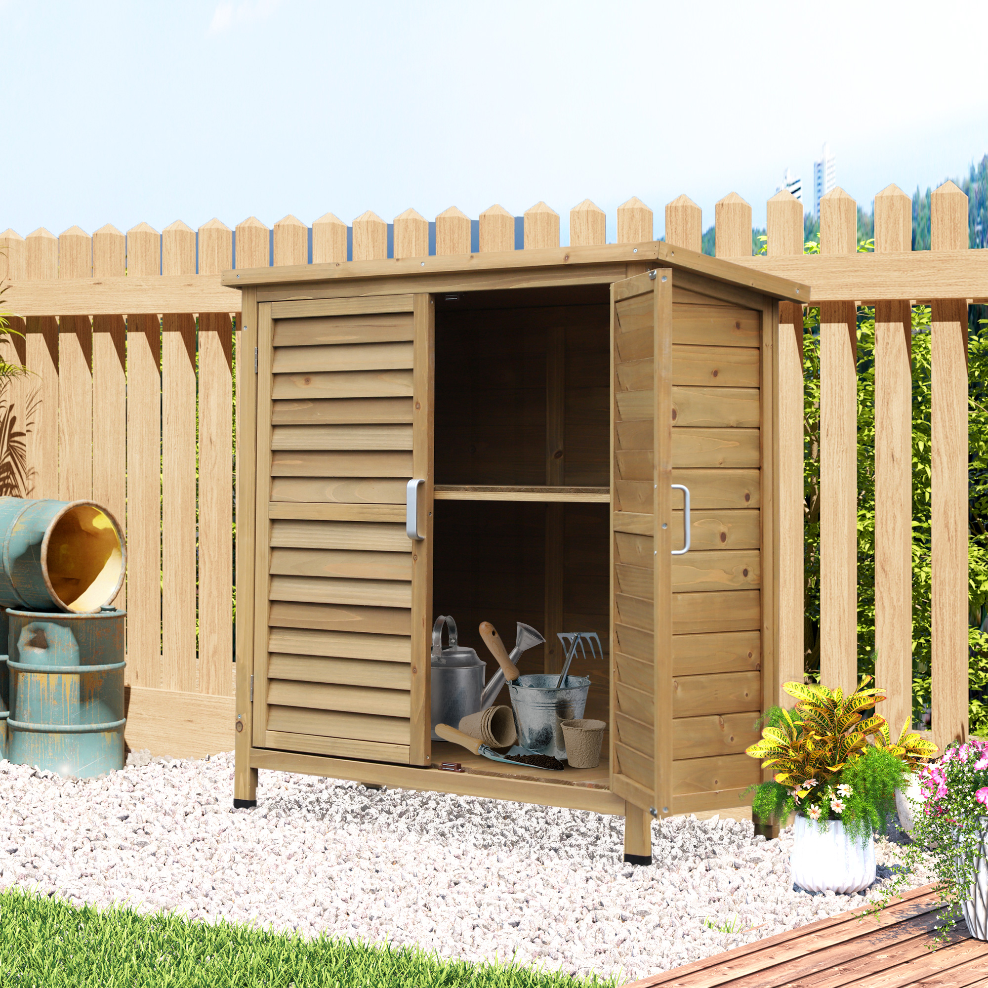 Outsunny Garden Shed Wooden Garden Storage Shed 2 Door Unit Solid Fir Wood Garage Tool Organisation Cabinet, 87L x 46.5W x 96.5Hcm, Natural 2
