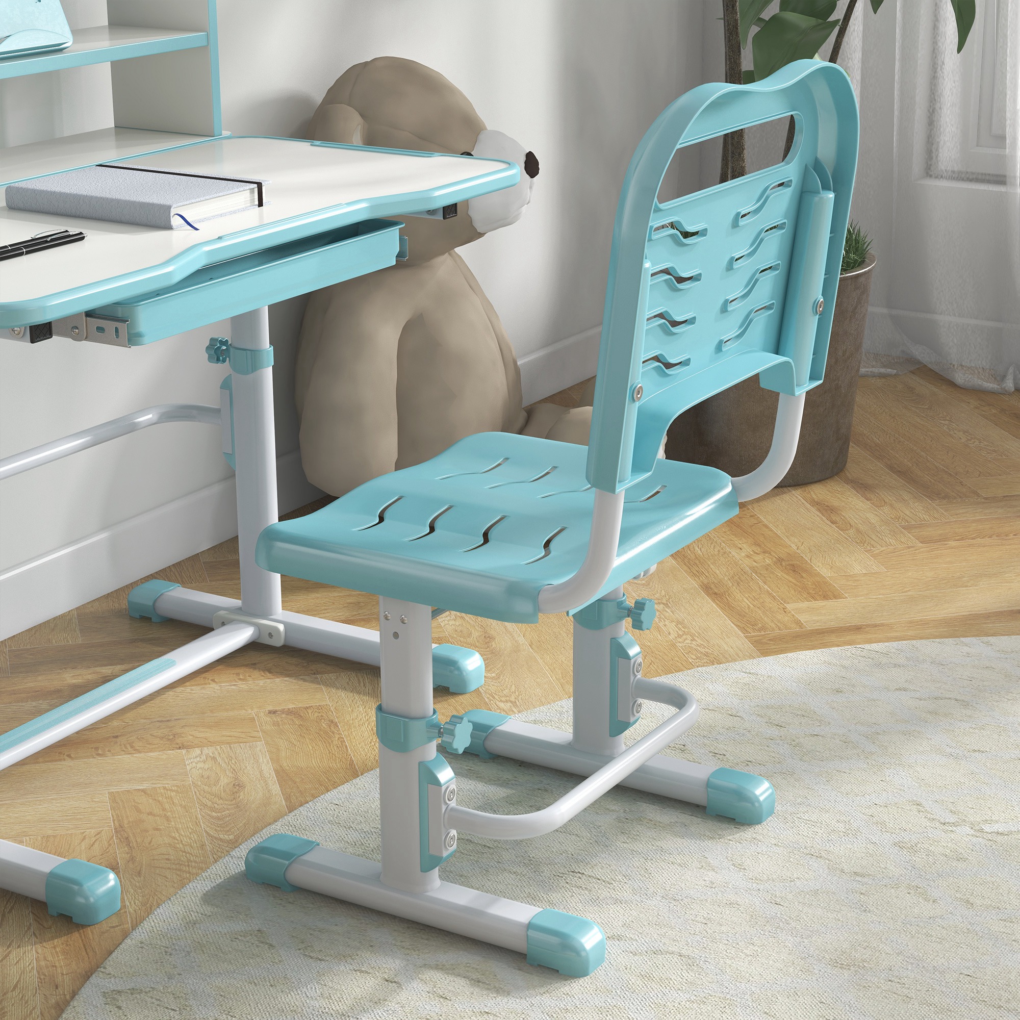 ZONEKIZ Height Adjustable Kids Study Table and Chair Set, with Drawer, Storage Shelf, 80 x 54.5 x 104 cm, Blue 9