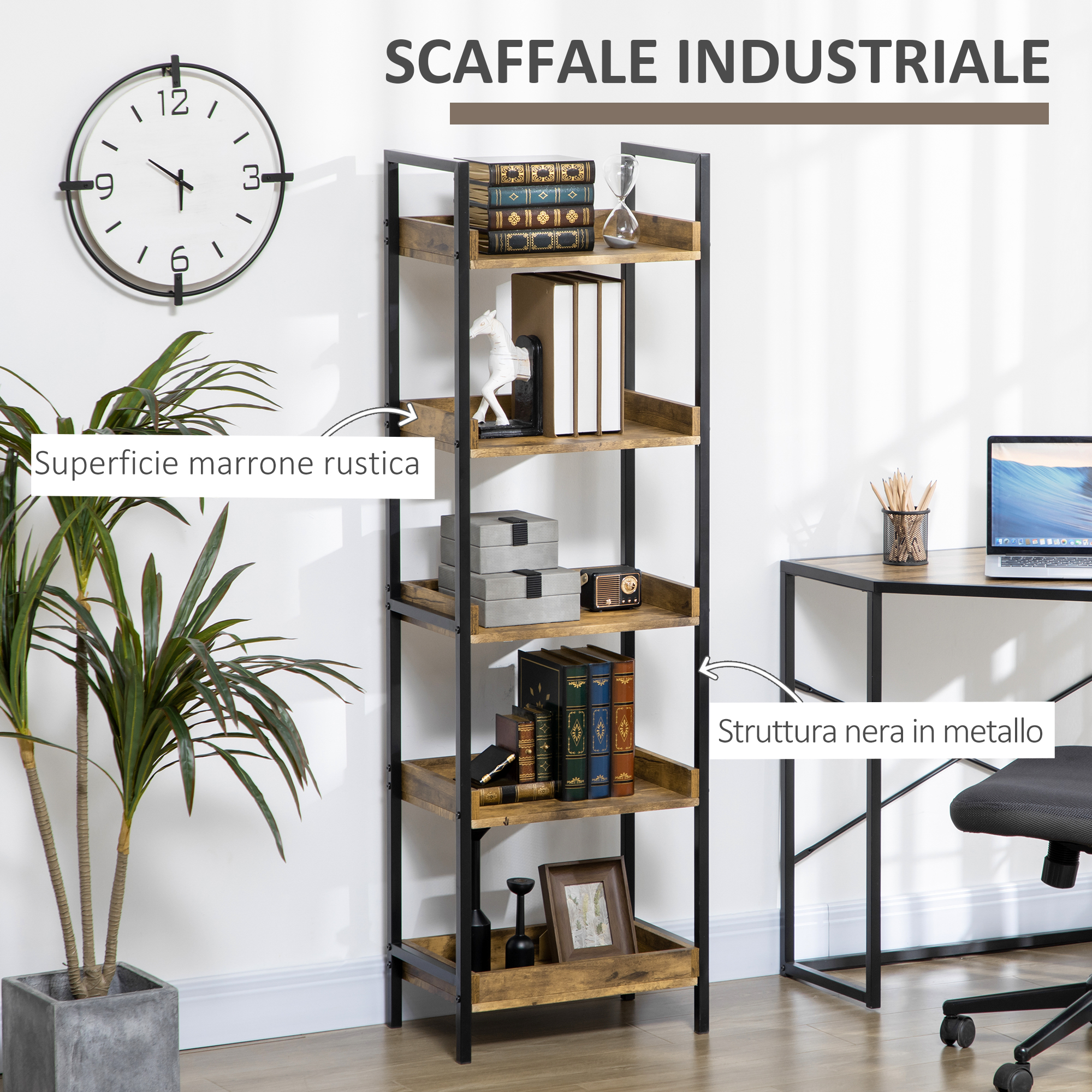 Libreria Industriale YITAHOME 5 Ripiani - Legno E Metallo Bianco E Nero Con Kit 583681