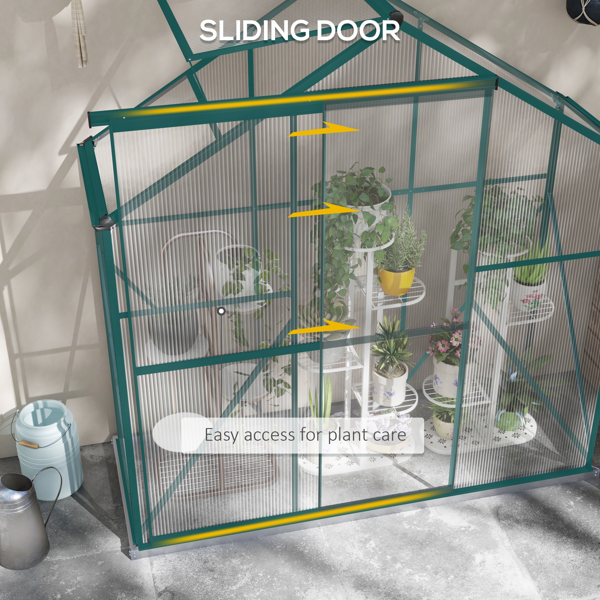 Outsunny 6 x 2.5ft Polycarbonate Greenhouse Walk-In Green House with Rain Gutter, Sliding Door, Window, Foundation, Green 6