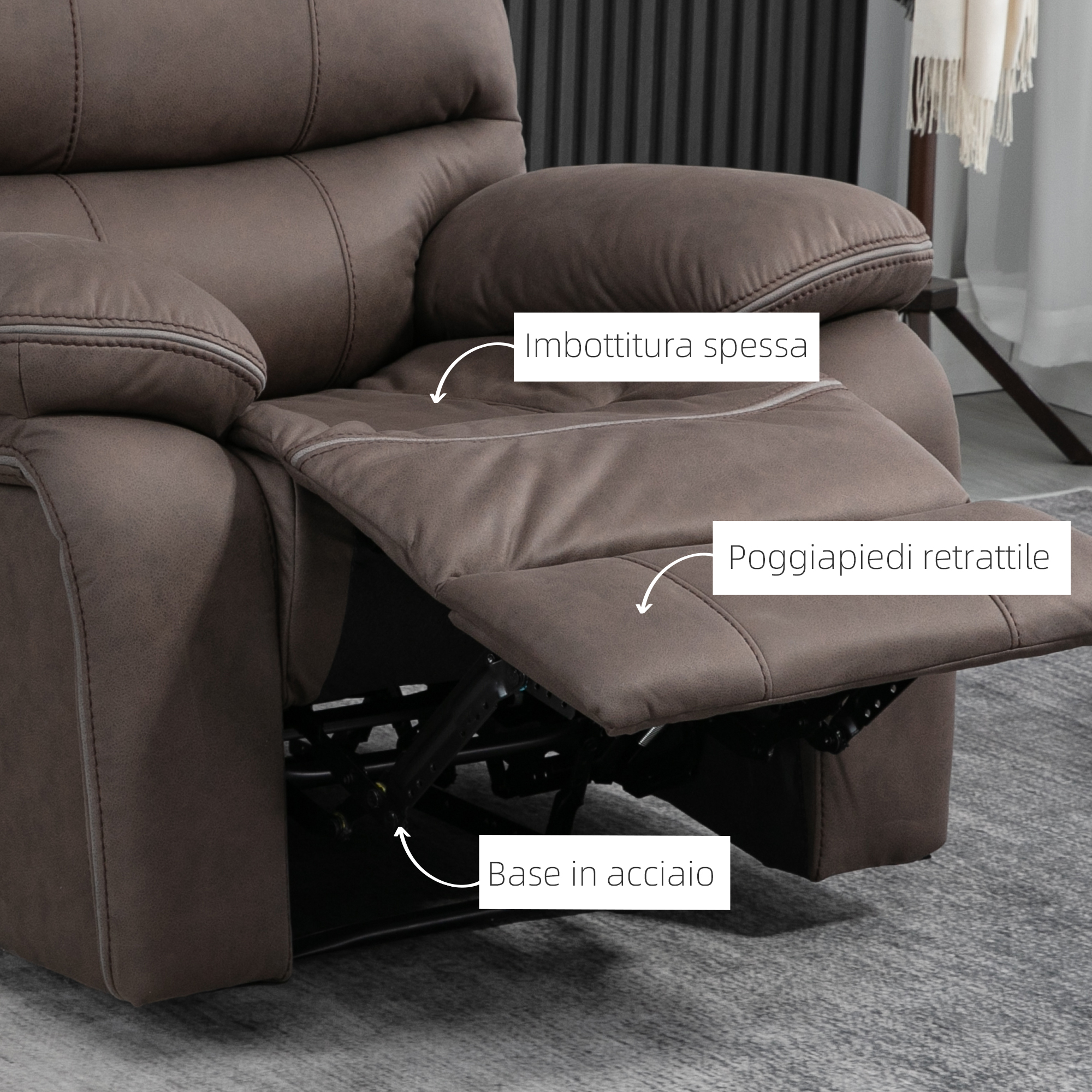 Poltrona Relax Reclinabile HOMCOM - Tessuto Effetto Lino, Poggiapiedi, 4 Ruote, Grigio, Per Salotto - Foto 7