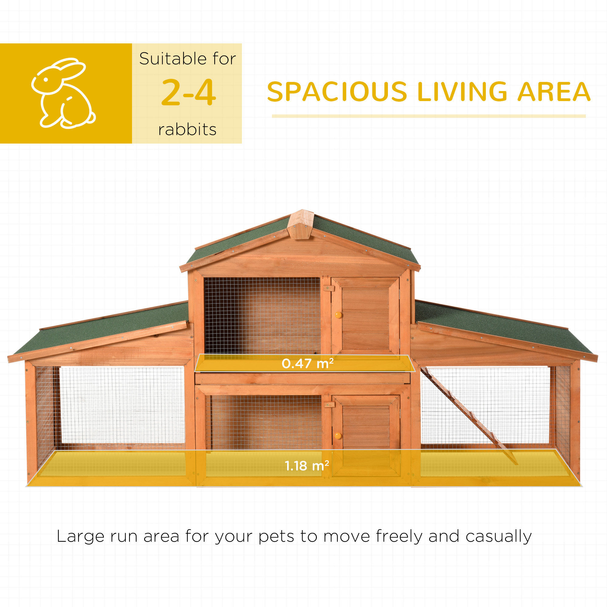 PawHut Large Rabbit Hutch Outdoor, Guinea Pig Hutch, Wooden Small Animal House, with Rabbit Run, 215 x 63 x 97 cm 4