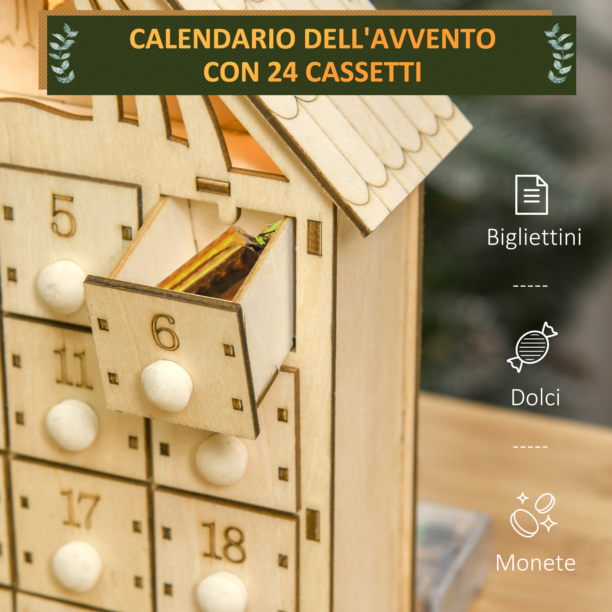 Calendario d'avvento con Natività luce led bianca 30x30x5 cm legno