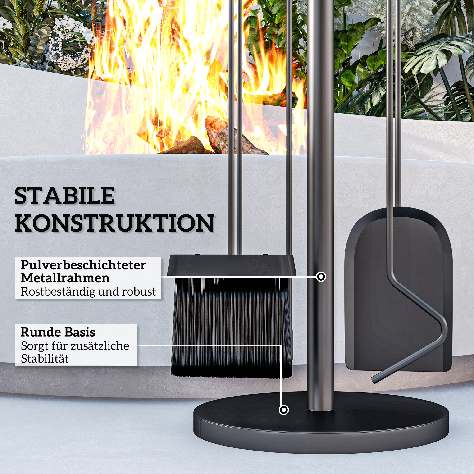 Kaminatööriistade komplekt, 5-osaline, hari, labidas, tangid, rootor ja alus, tulekindlast metallist, must